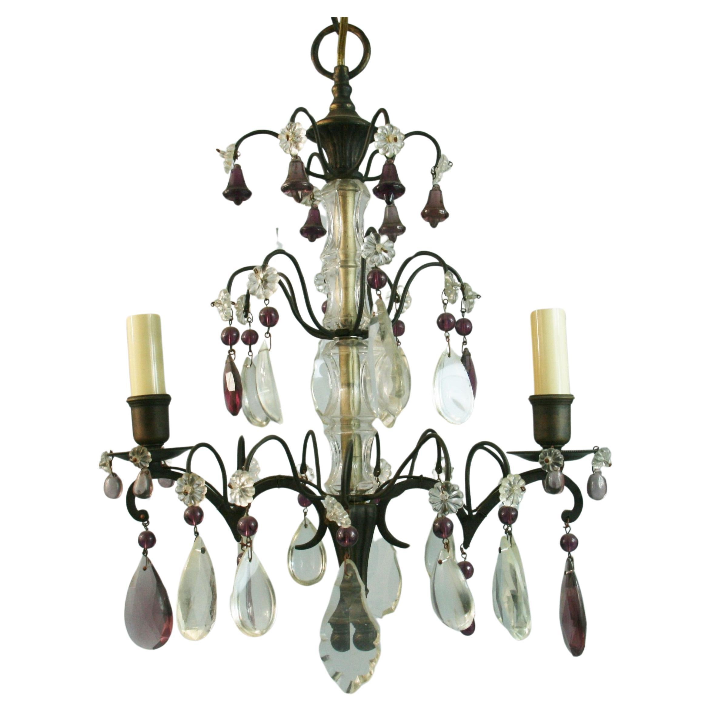 Antique French Amethyst and Clear  Crystal Chandelier For Sale