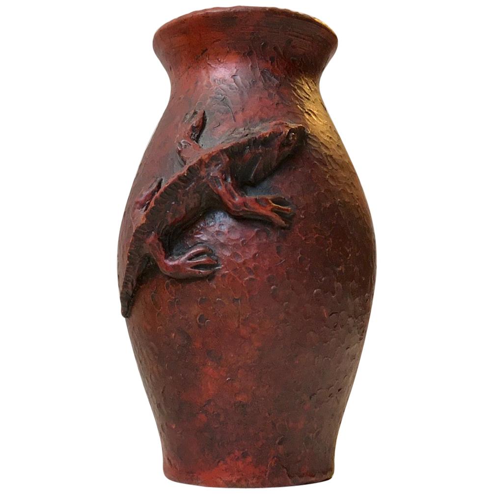 Antique French and Red Stoneware Vase with Lizard, circa 1900