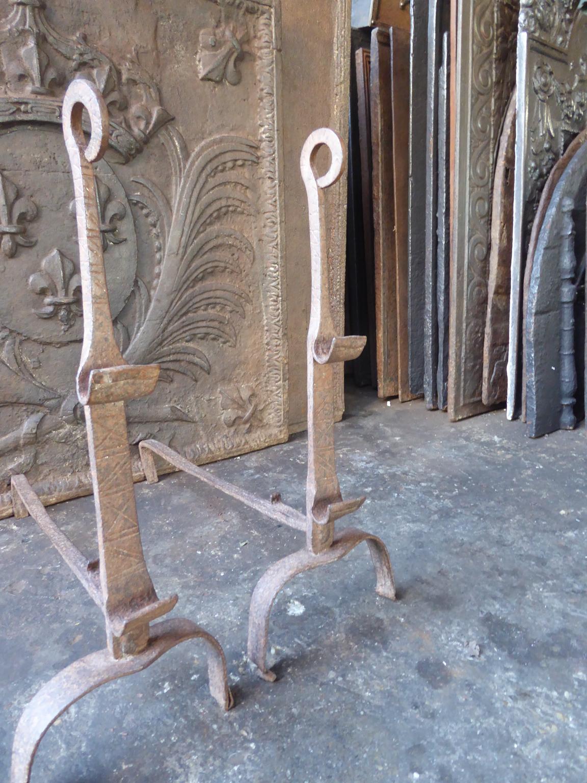 Wrought Iron Antique French Andirons or Firedogs, 18th Century For Sale