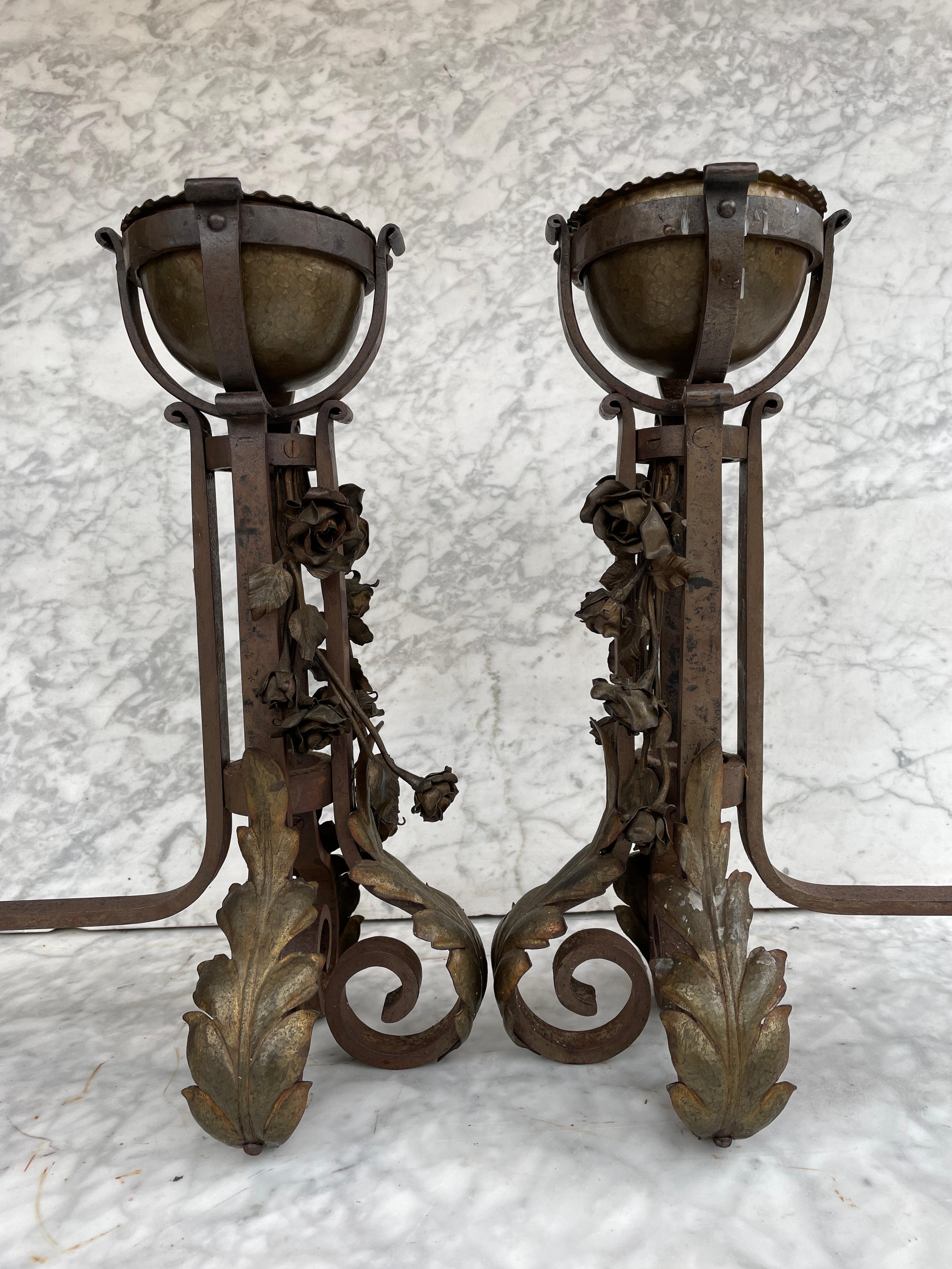Antique French Andirons or Firedogs, 19th Century with Flowers For Sale 4
