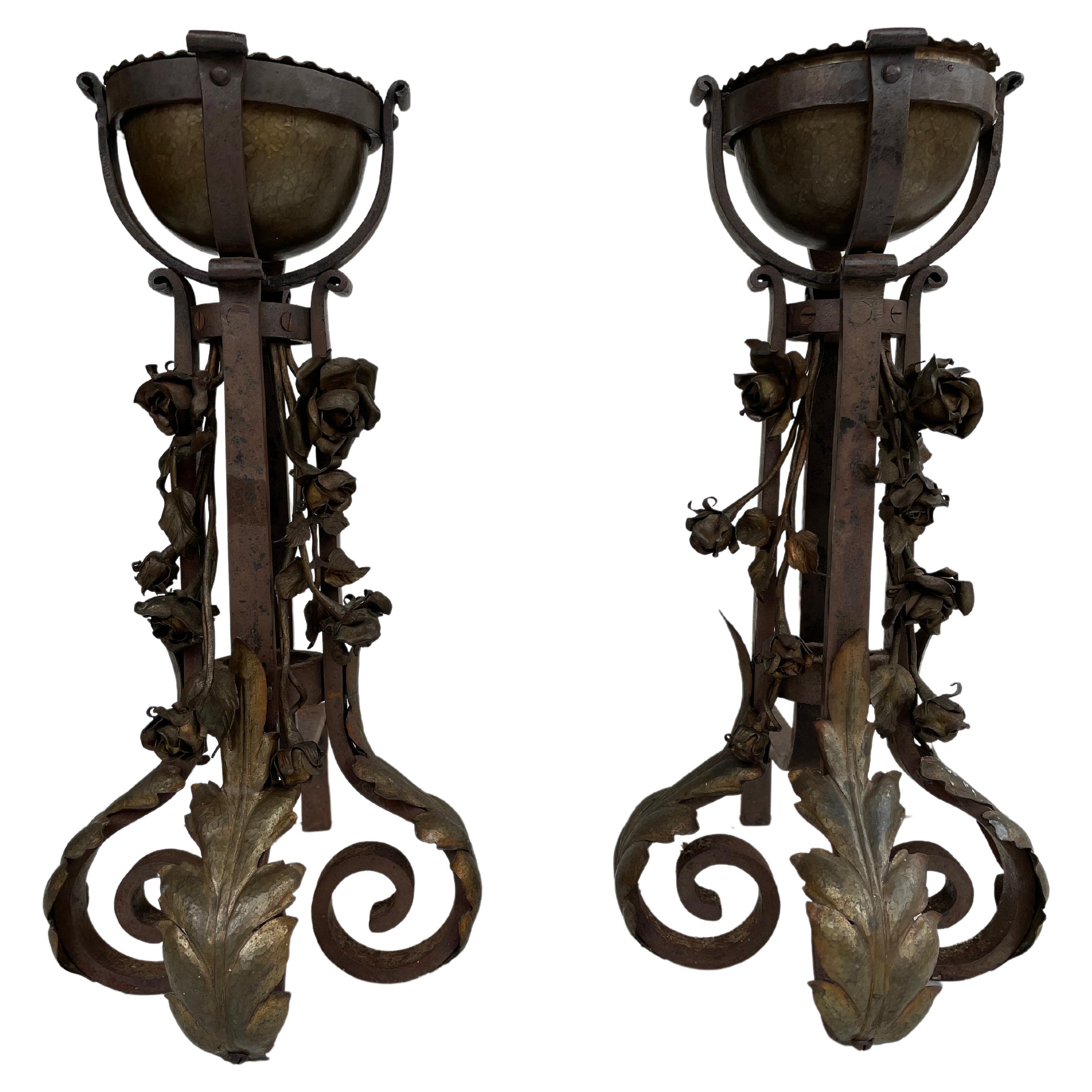 Antique French Andirons or Firedogs, 19th Century with Flowers For Sale