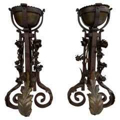 Antique French Andirons or Firedogs, 19th Century with Flowers