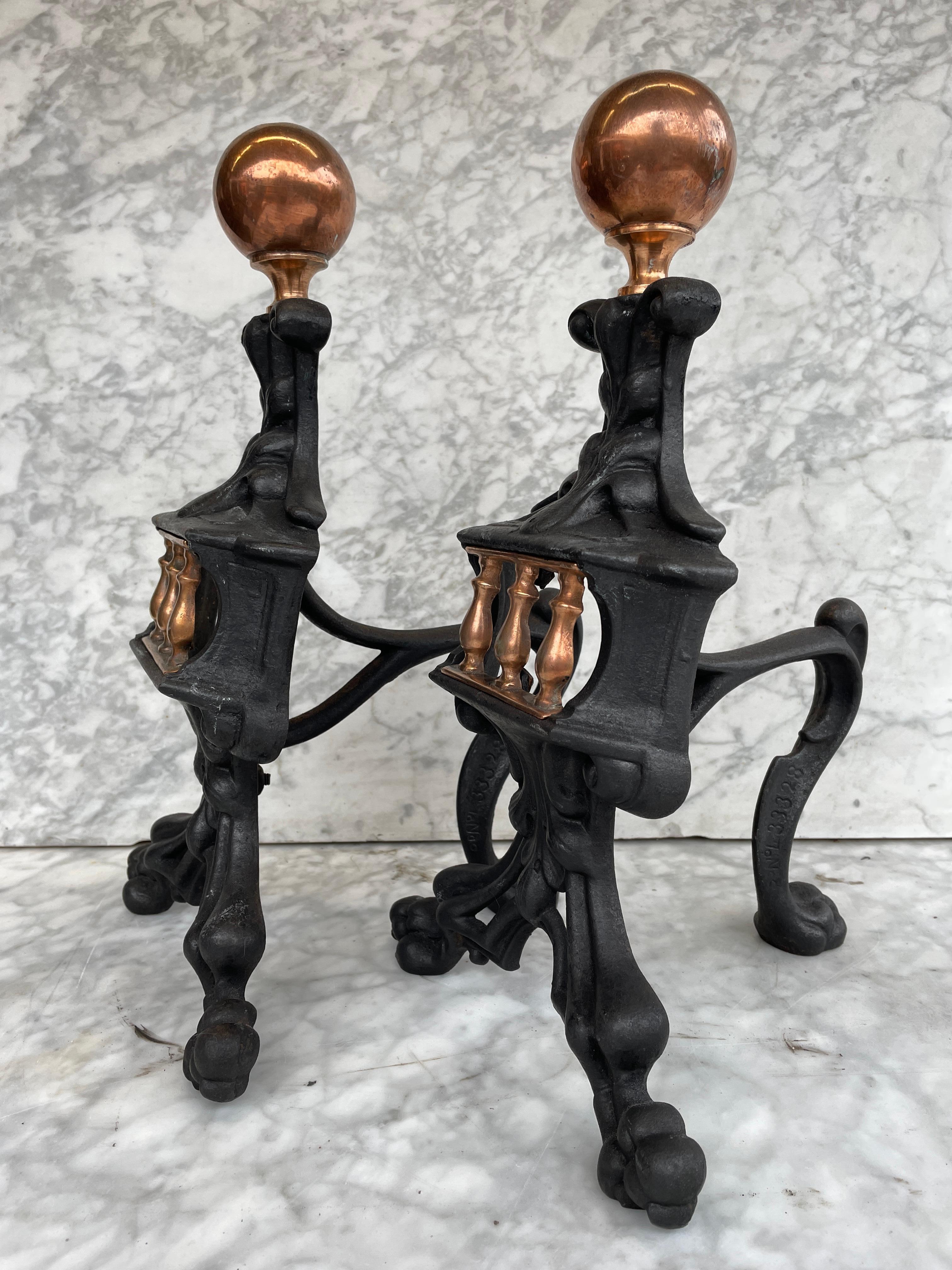 Antique French Andirons or Firedogs, Cast iron and Brass For Sale 3