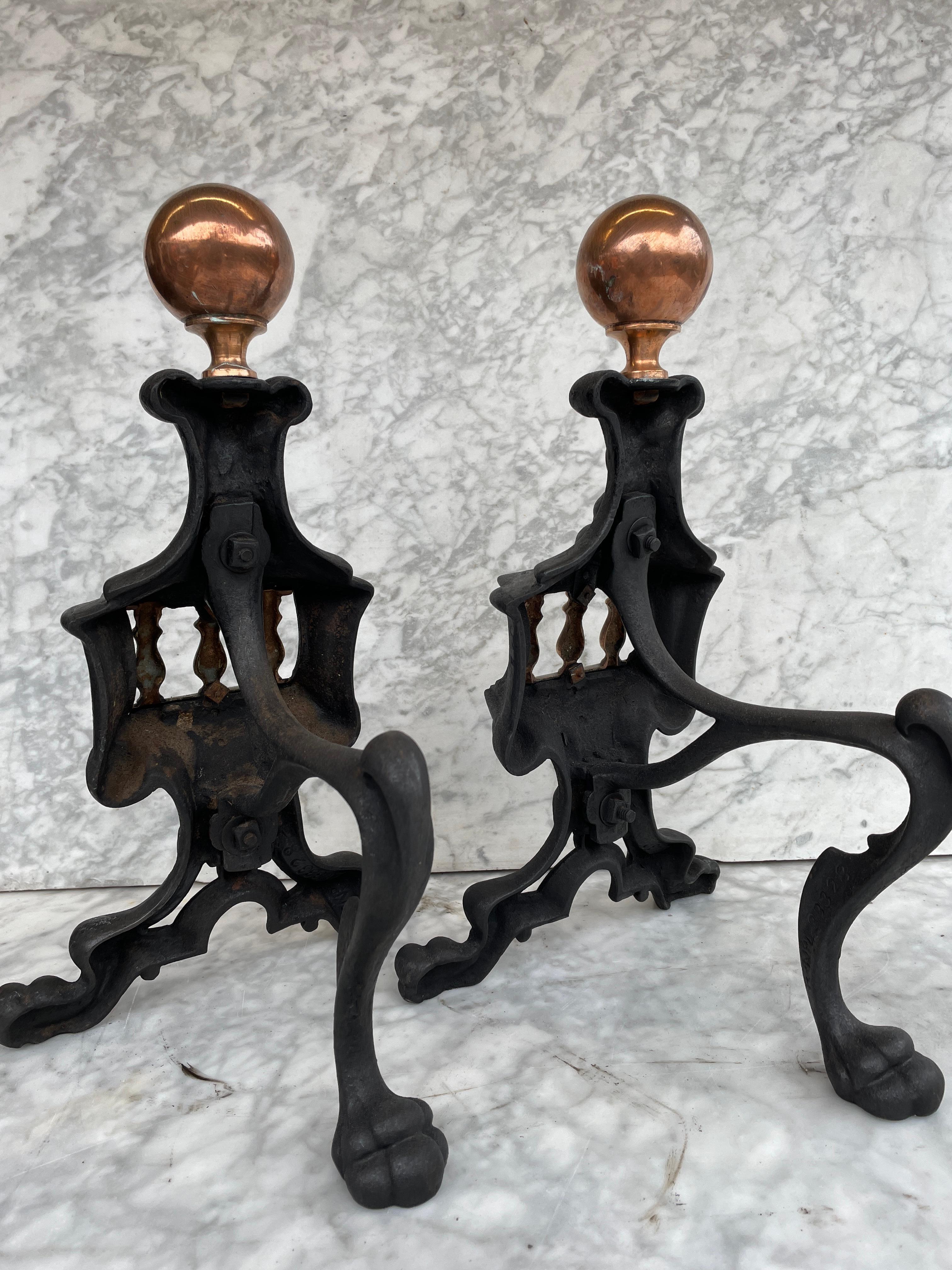 Antique French Andirons or Firedogs, Cast iron and Brass For Sale 4
