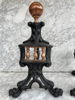 Antique French Andirons or Firedogs, Cast iron and Brass