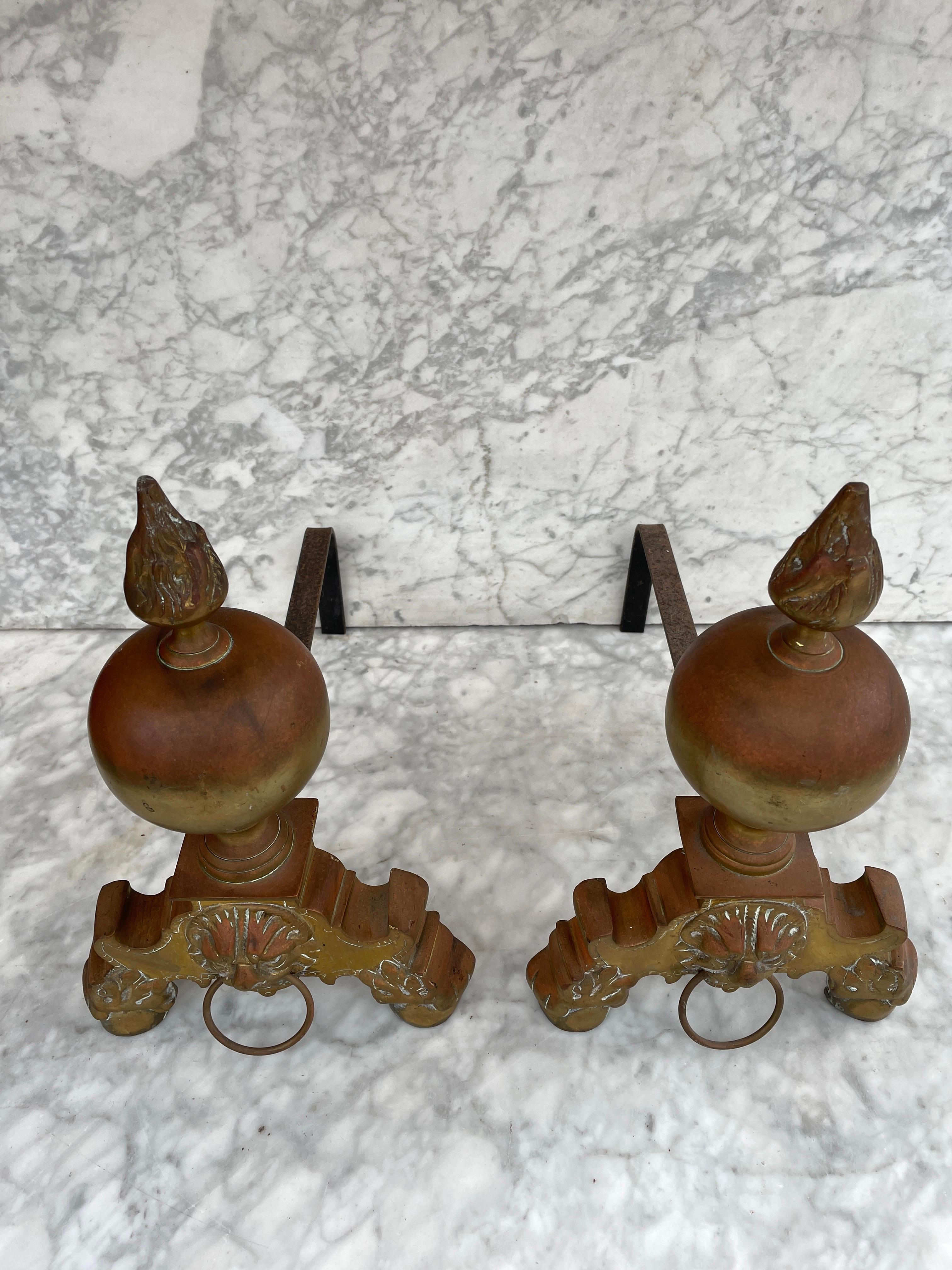 Antique French Andirons or Firedogs Cast Iron and Brass Lion In Good Condition For Sale In Oostvoorne, NL