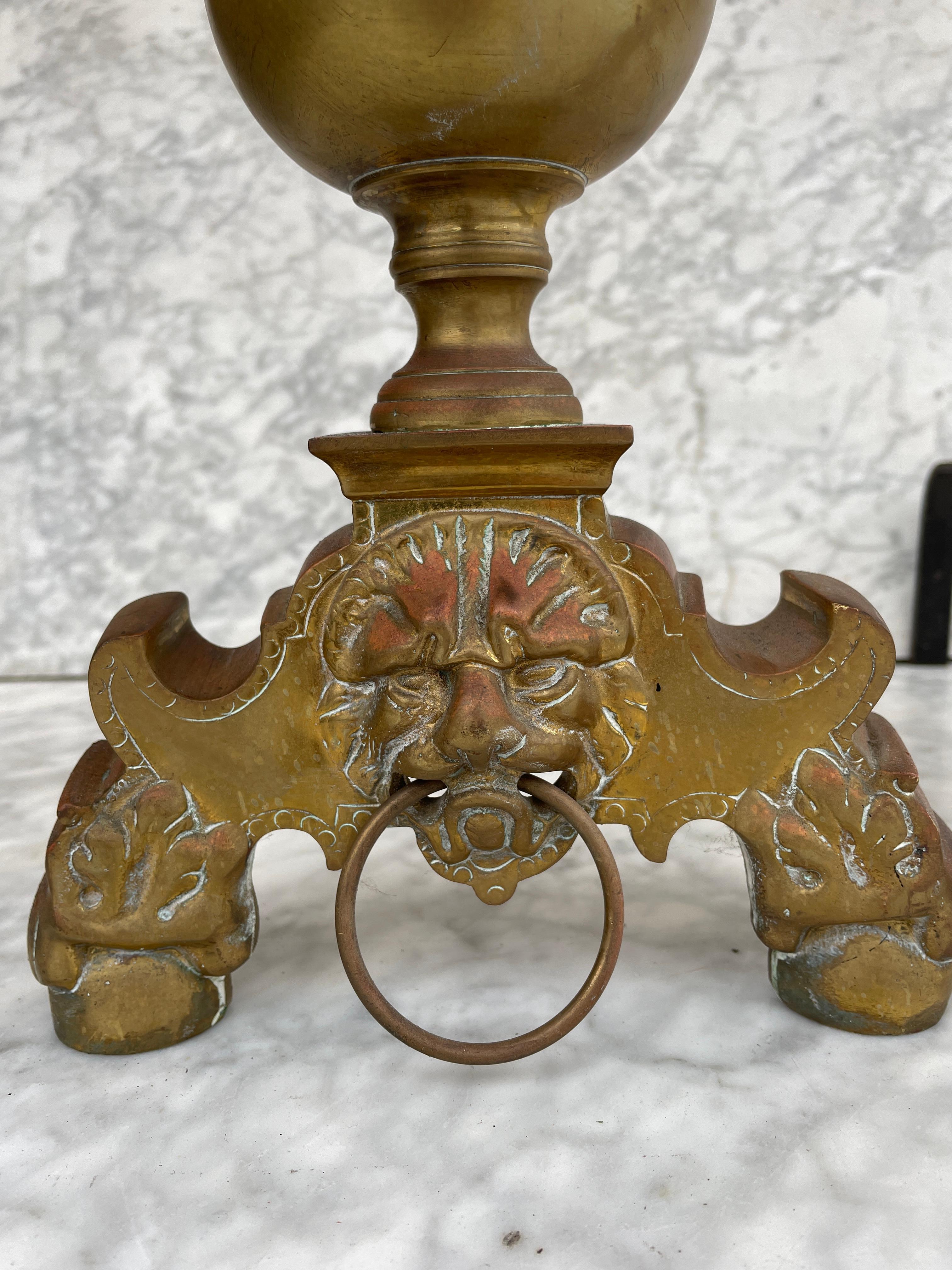 Antique French Andirons or Firedogs Cast Iron and Brass Lion For Sale 2
