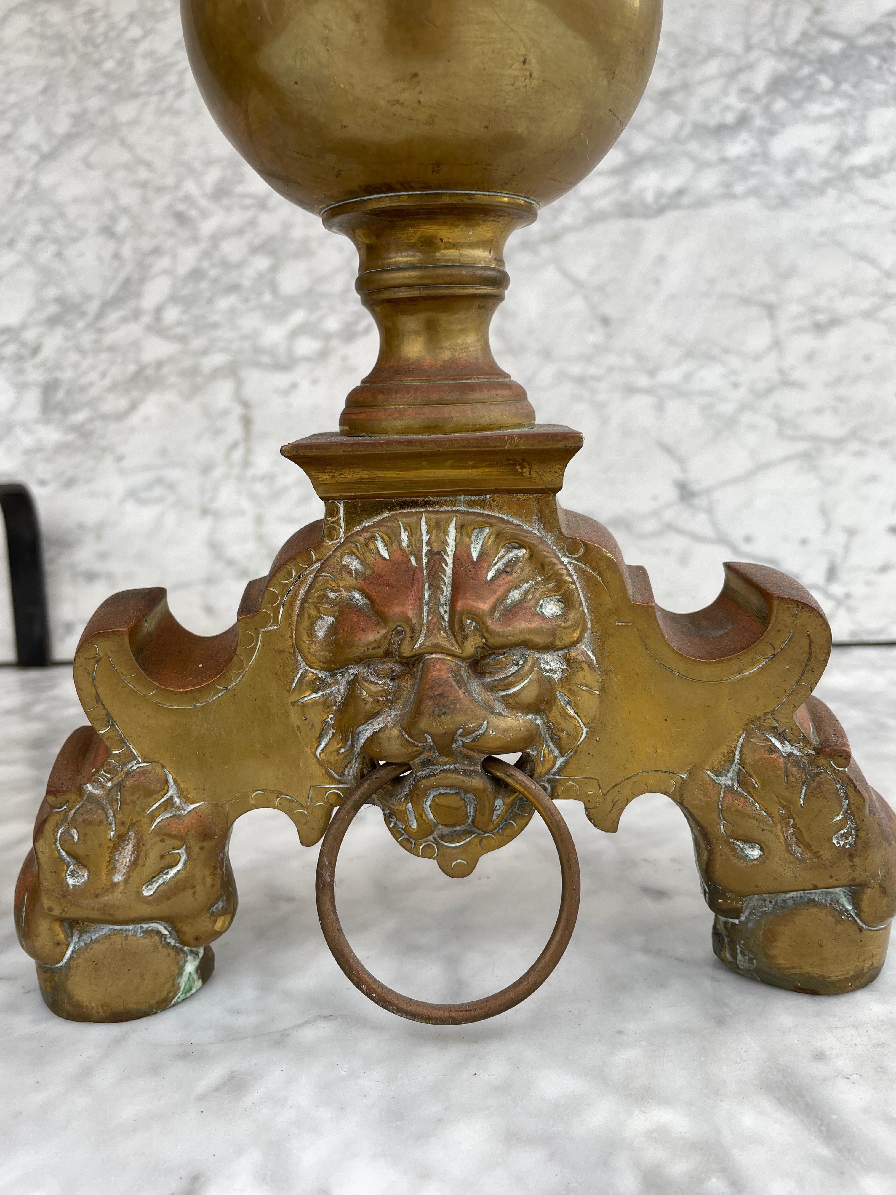 Antique French Andirons or Firedogs Cast Iron and Brass Lion For Sale 3