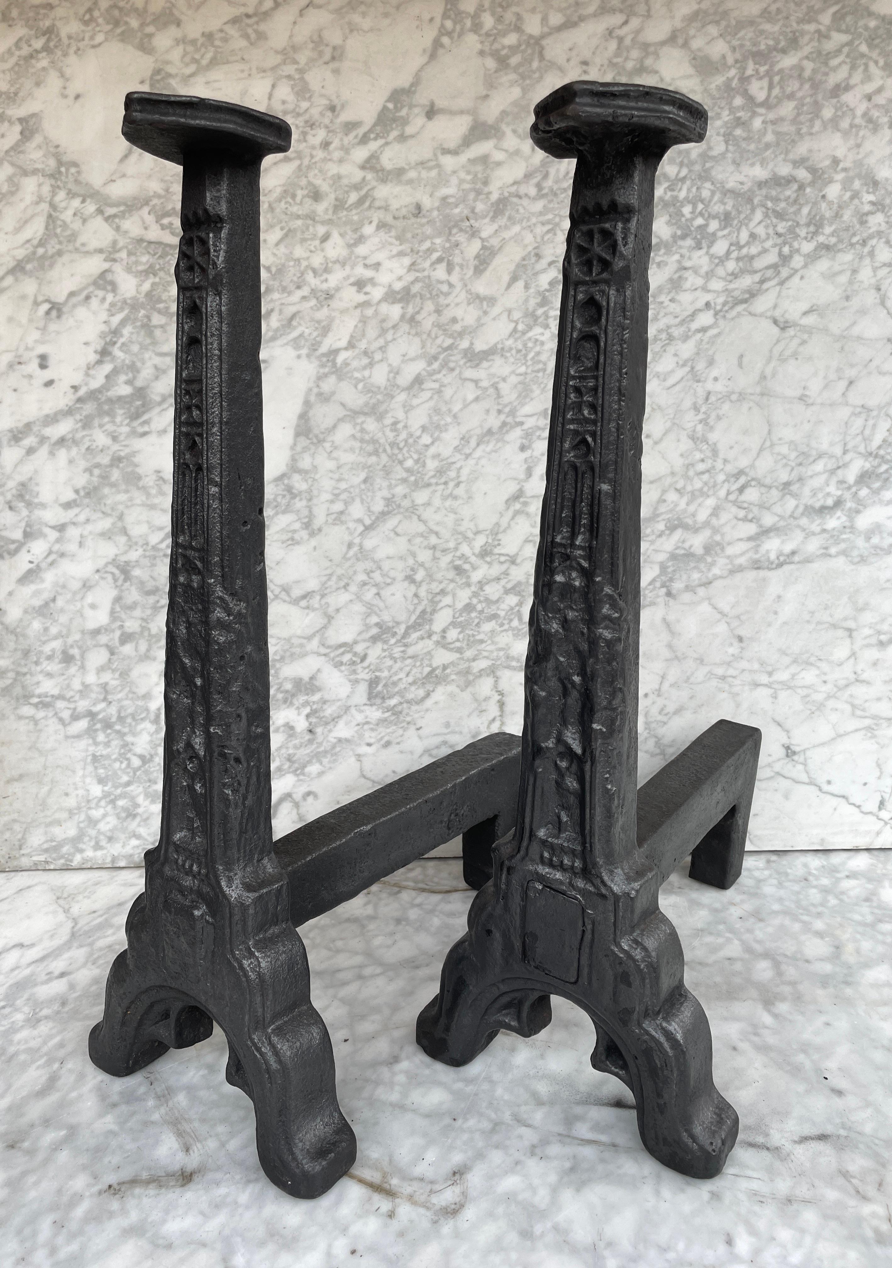 Antique French Andirons or Firedogs, Cast Iron Impressive Size For Sale 6