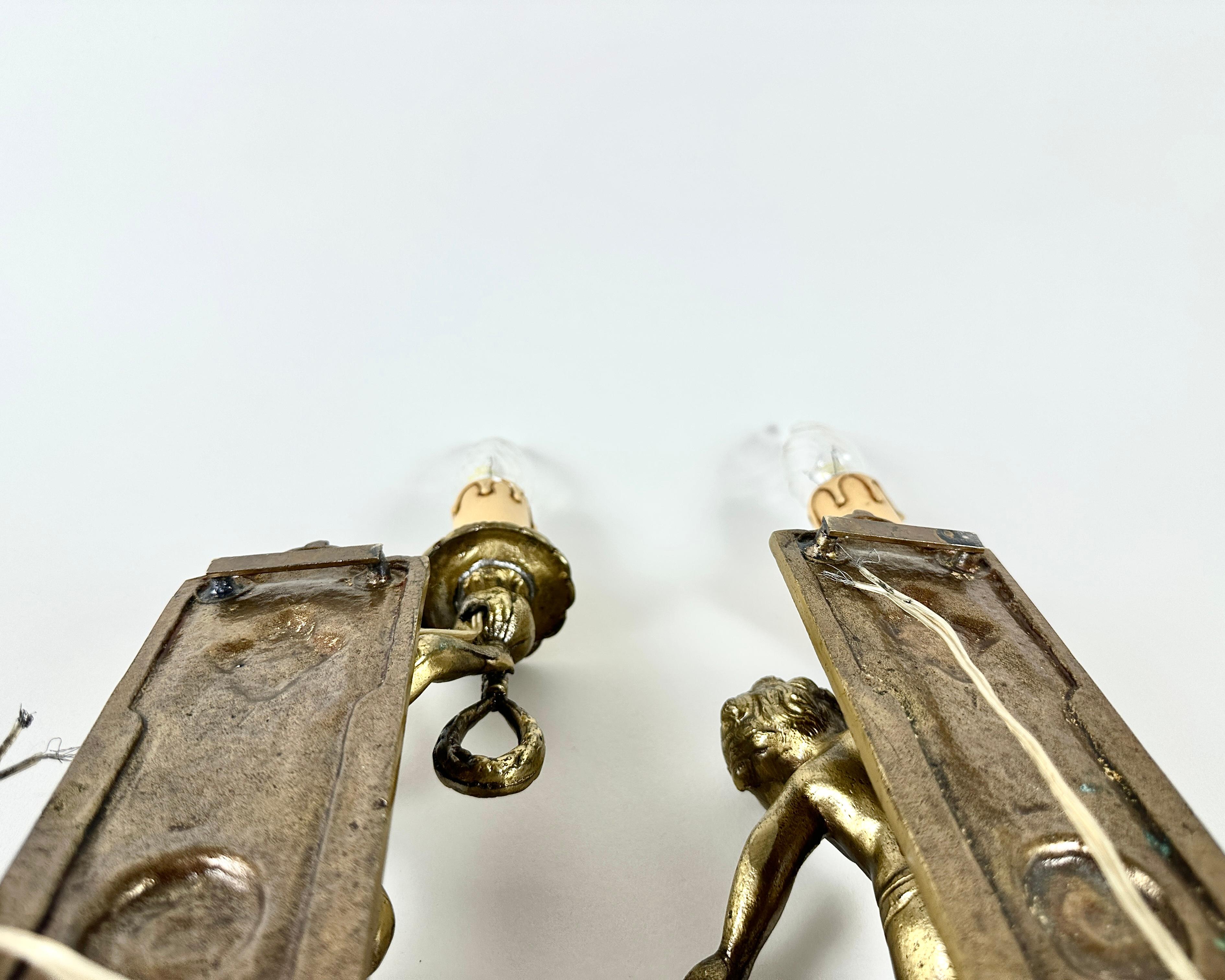 Antique French Angel Sconces Pair 1920s Cherub Wall Lights French Decor For Sale 4