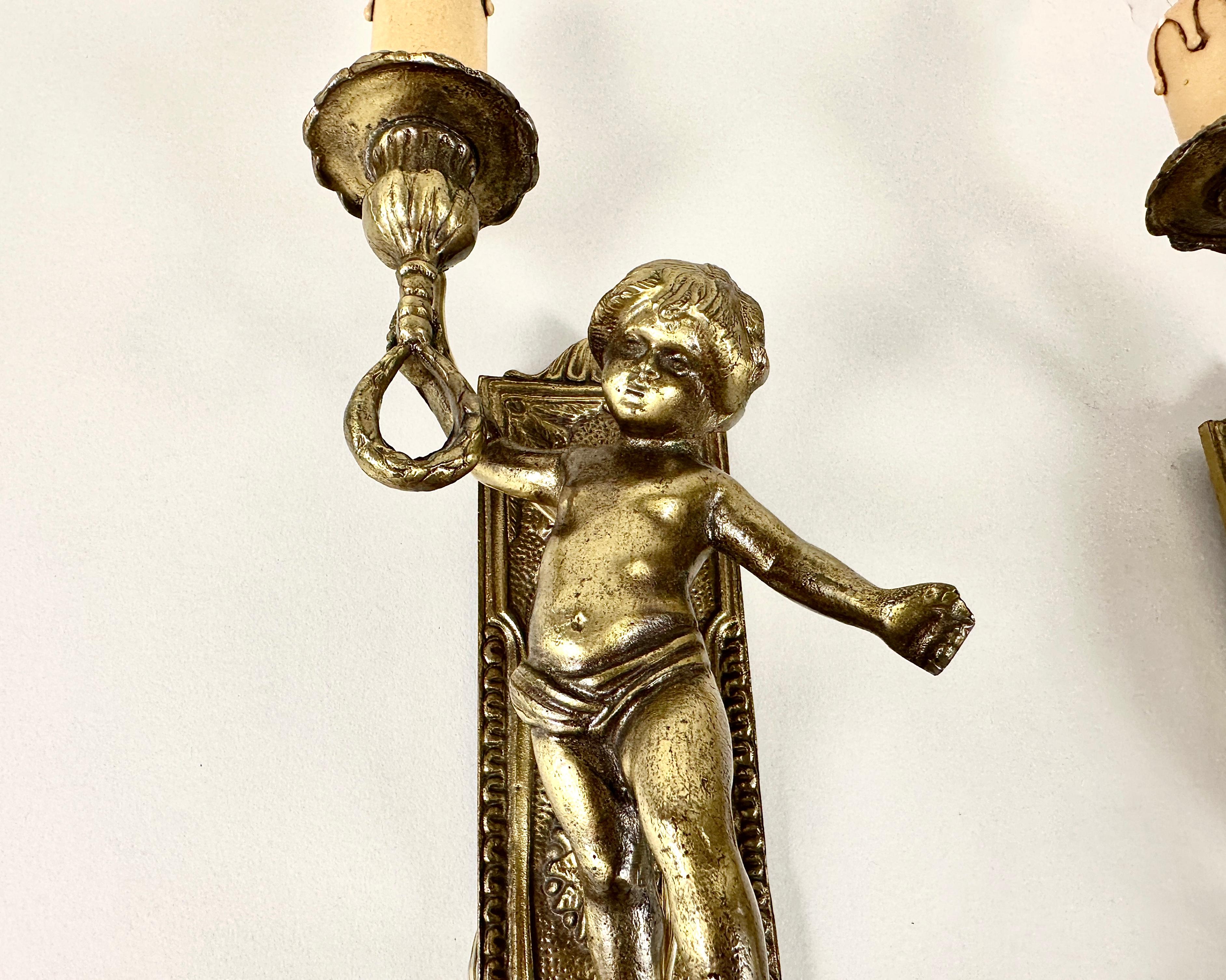 Early 20th Century Antique French Angel Sconces Pair 1920s Cherub Wall Lights French Decor For Sale