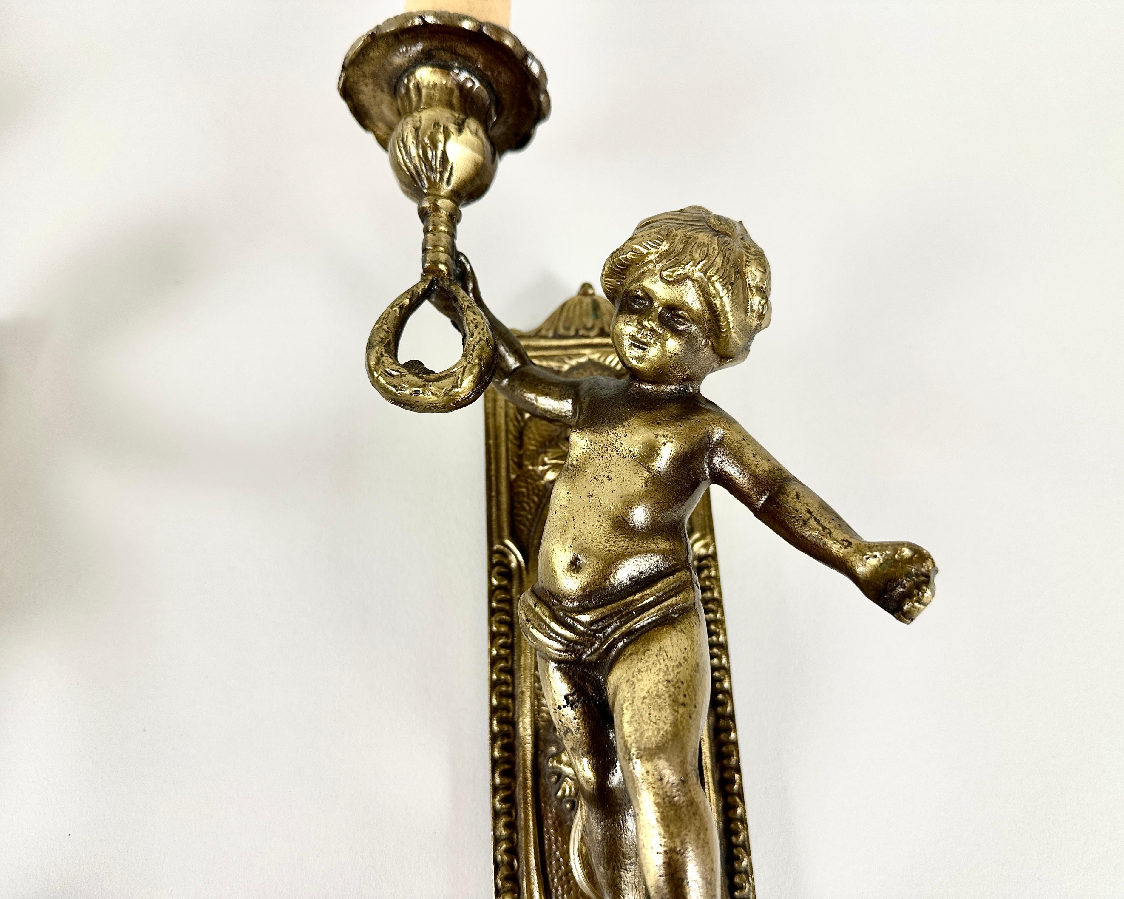 Bronze Antique French Angel Sconces Pair 1920s Cherub Wall Lights French Decor For Sale