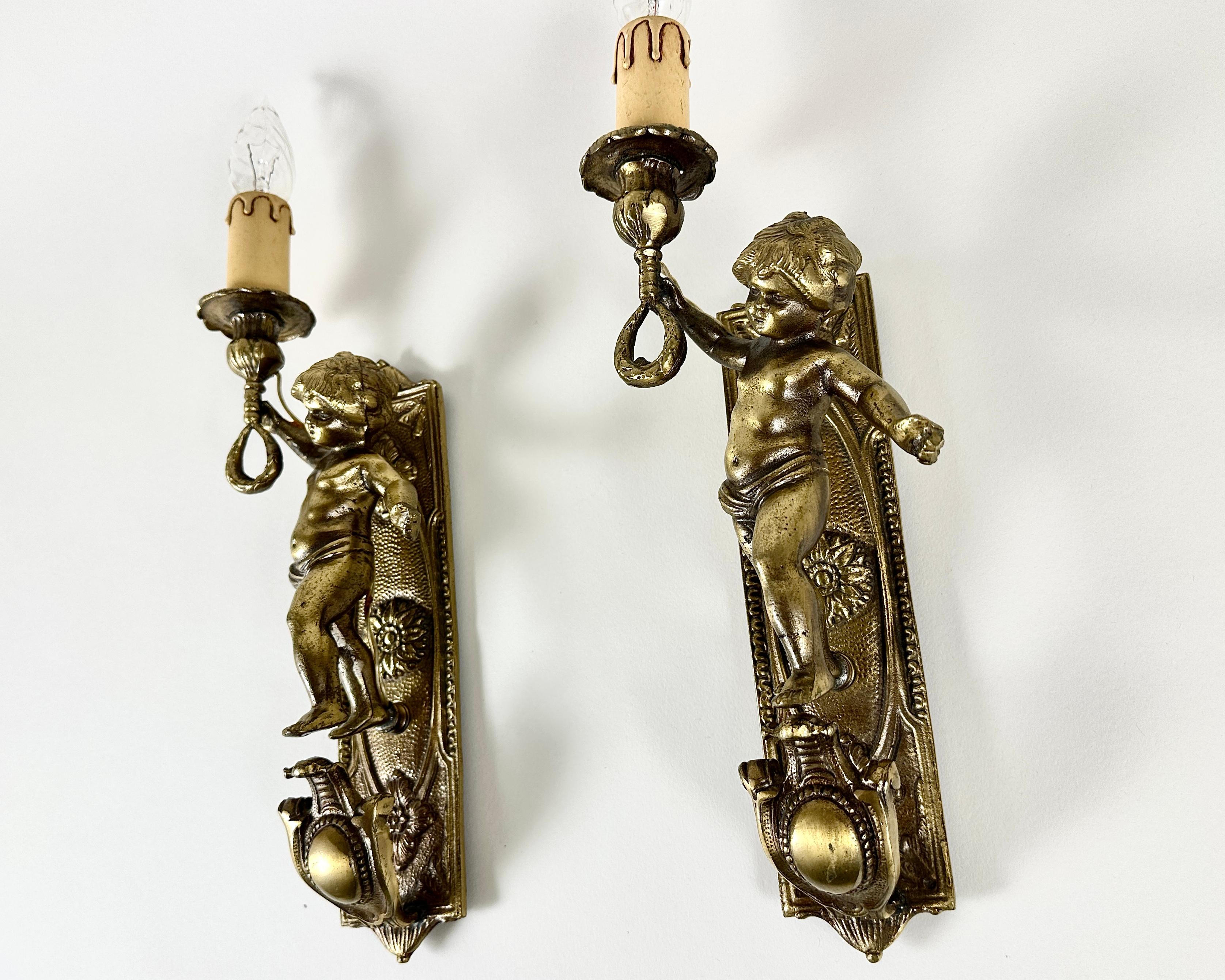 Antique French Angel Sconces Pair 1920s Cherub Wall Lights French Decor For Sale 1