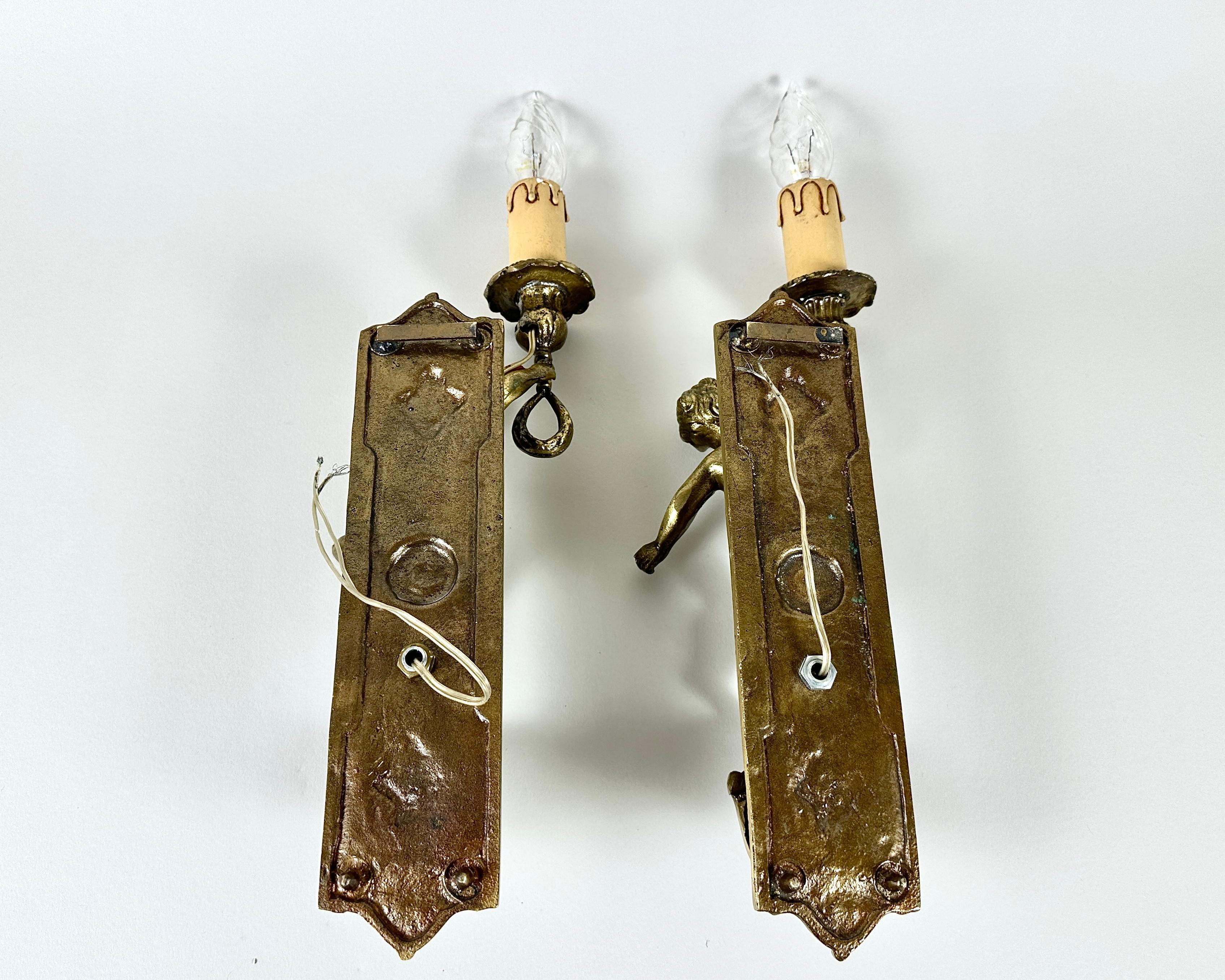 Antique French Angel Sconces Pair 1920s Cherub Wall Lights French Decor For Sale 3