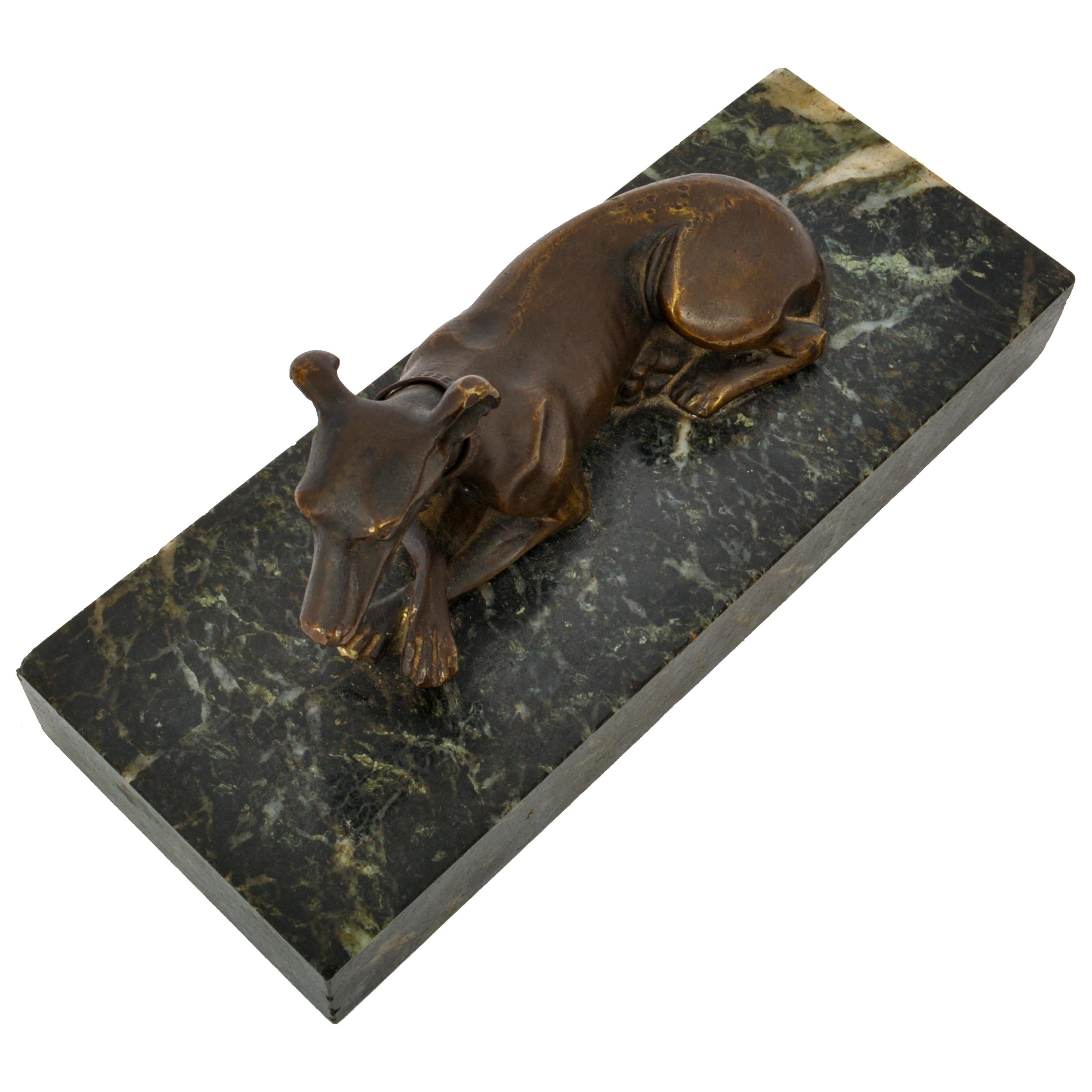Antike französische Tierleder-Bronze-Marmor-Schreibtisch-Briefbeschwerer mit Windhund-Skulptur, 1900 im Angebot 2