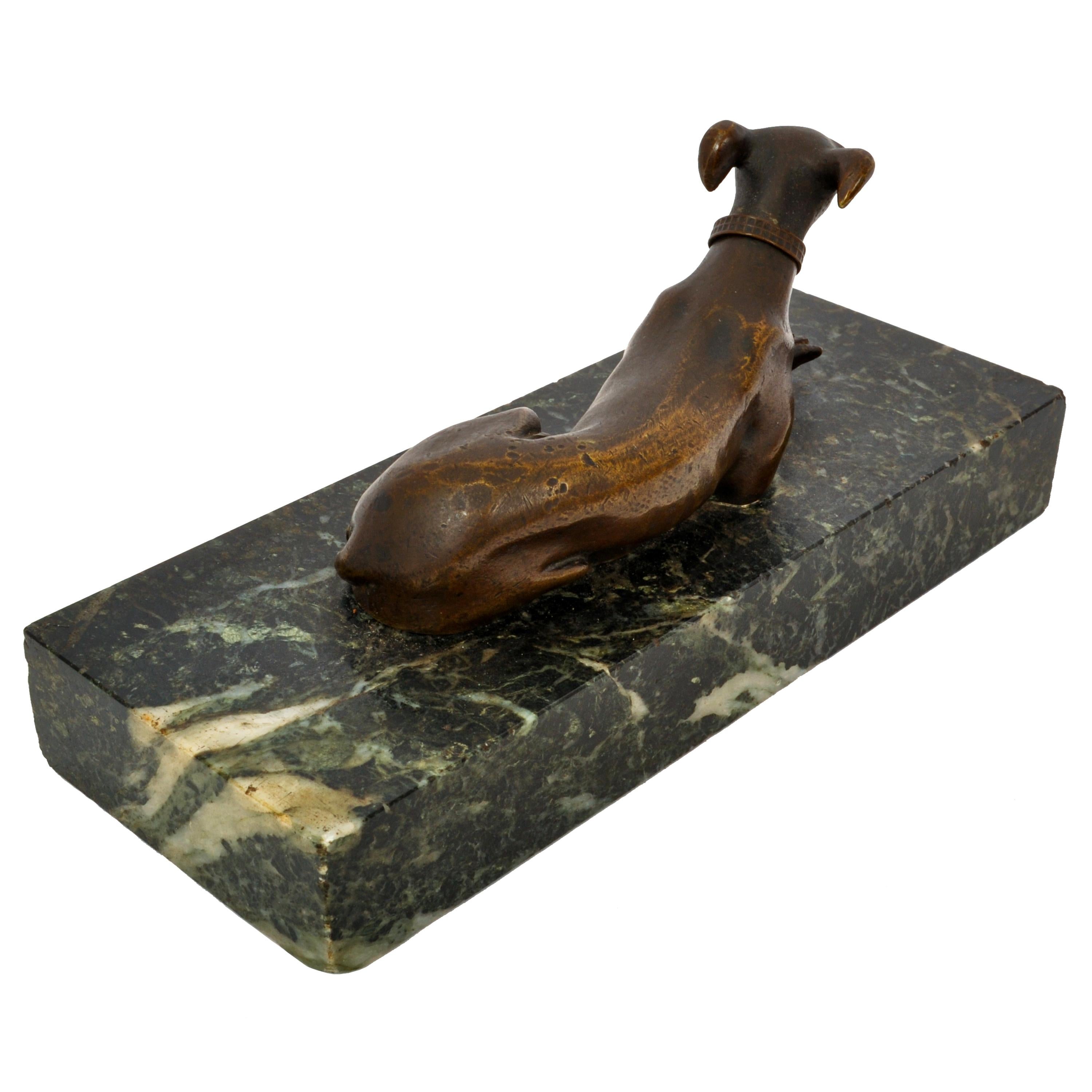 Art Nouveau Antique French Animalier Bronze Marble Greyhound Sculpture Desk Paperweight 1900 For Sale