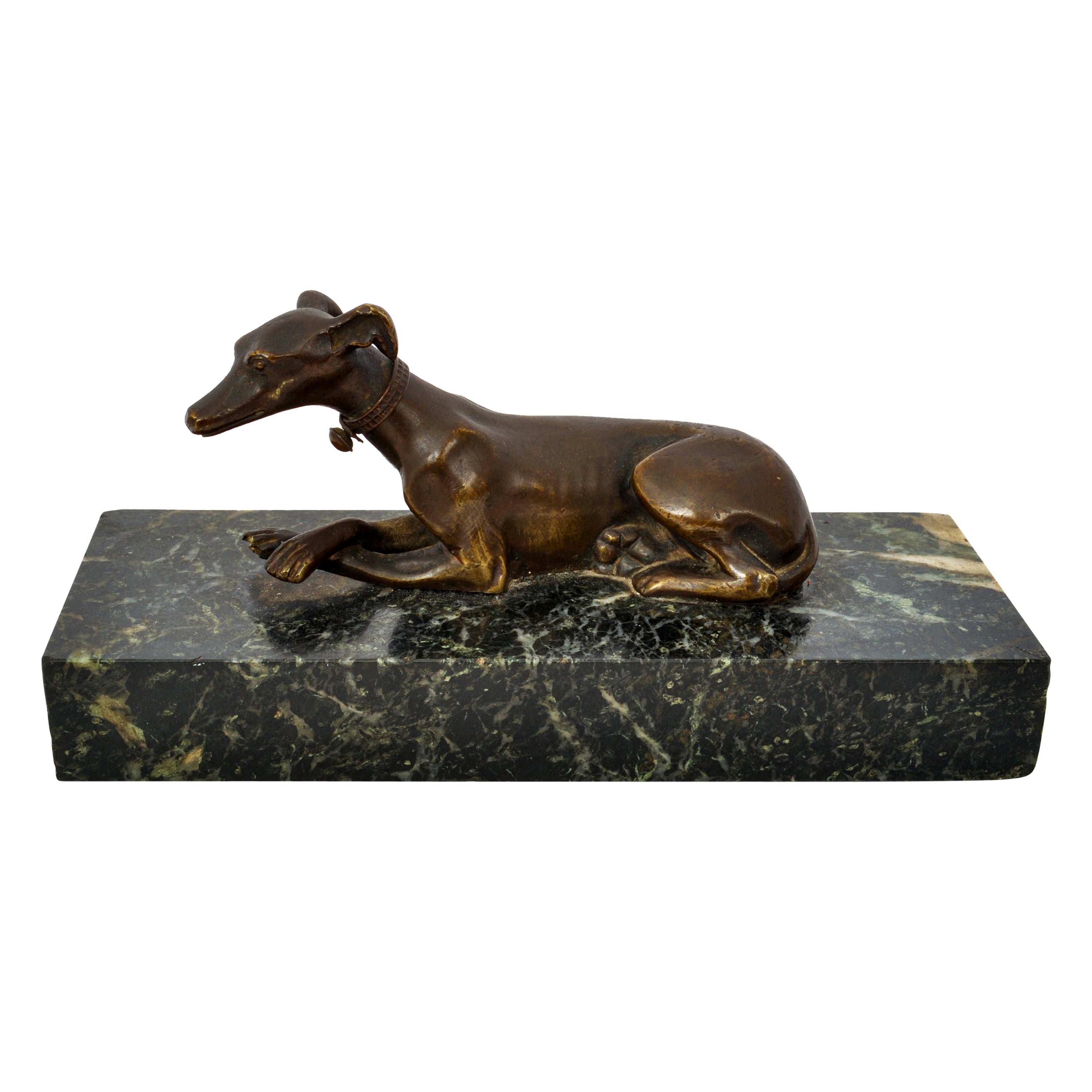 Antique French Animalier Bronzo Marmo Levriero Scultura da Scrivania Fermacarte 1900