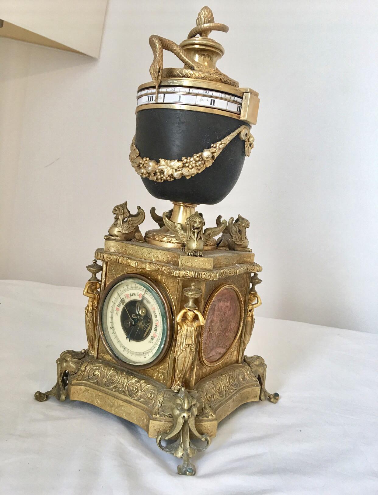 This significant Annular Dial Urn clock is in good working order. it strikes on the hour and hour an half the hour on a bell. Such a beautiful subject in work of art for your mantelpiece. A serpent indicates with his tongue the hours and minutes on