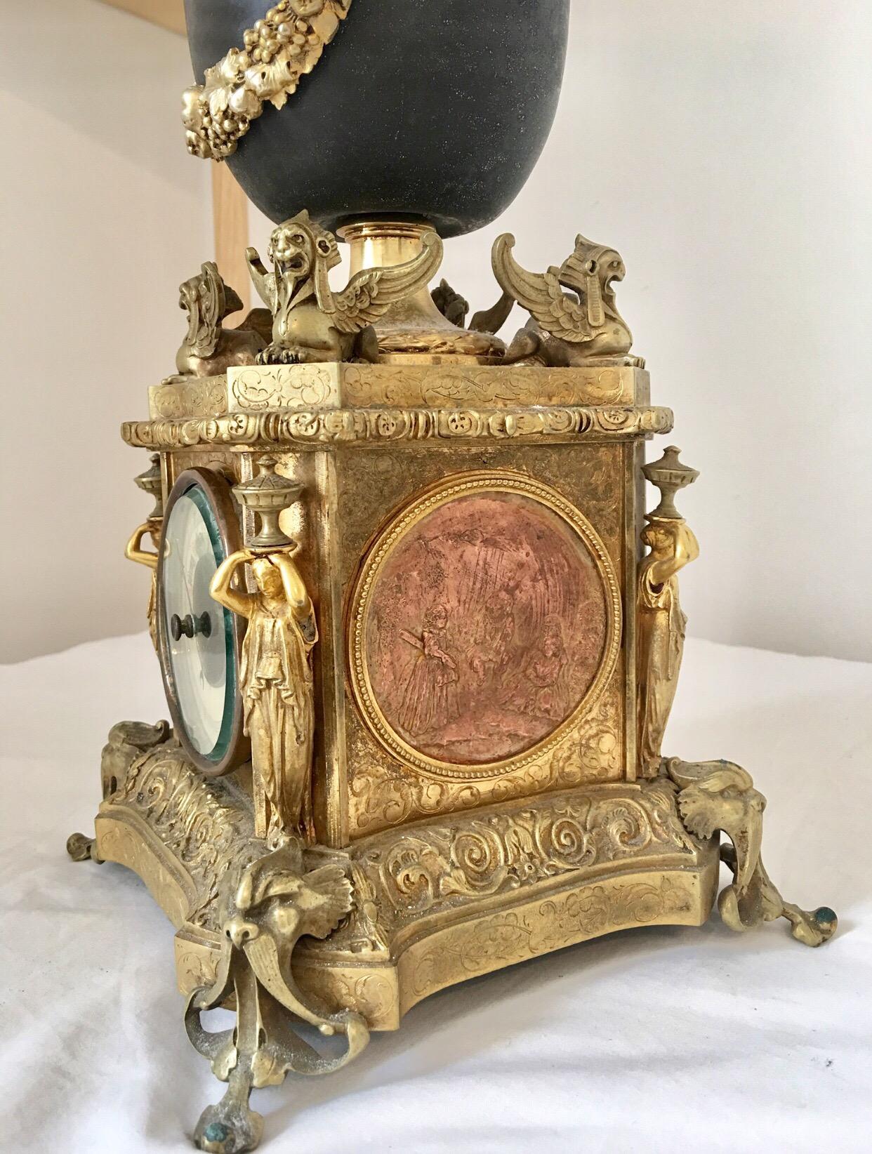 Gilt Antique French Annular Dial Striking Urn Clock and Barometer, circa 1880