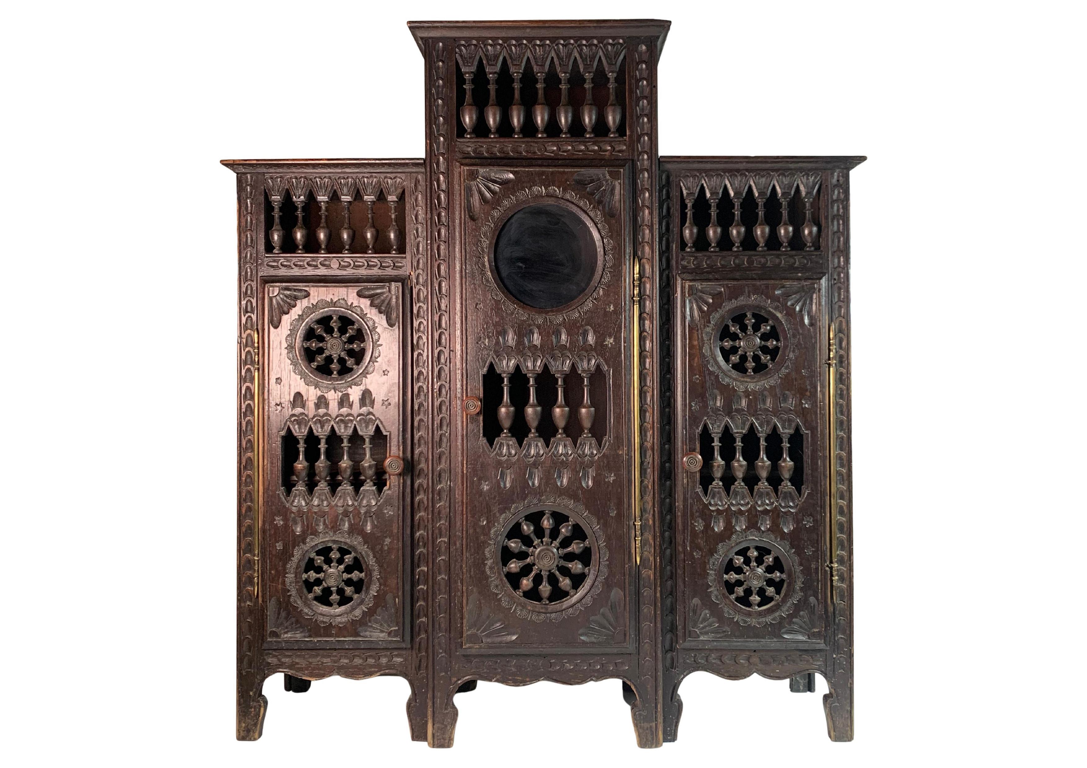 Antique French Apprentice Breton Three Door Cabinet With Central Window For Sale