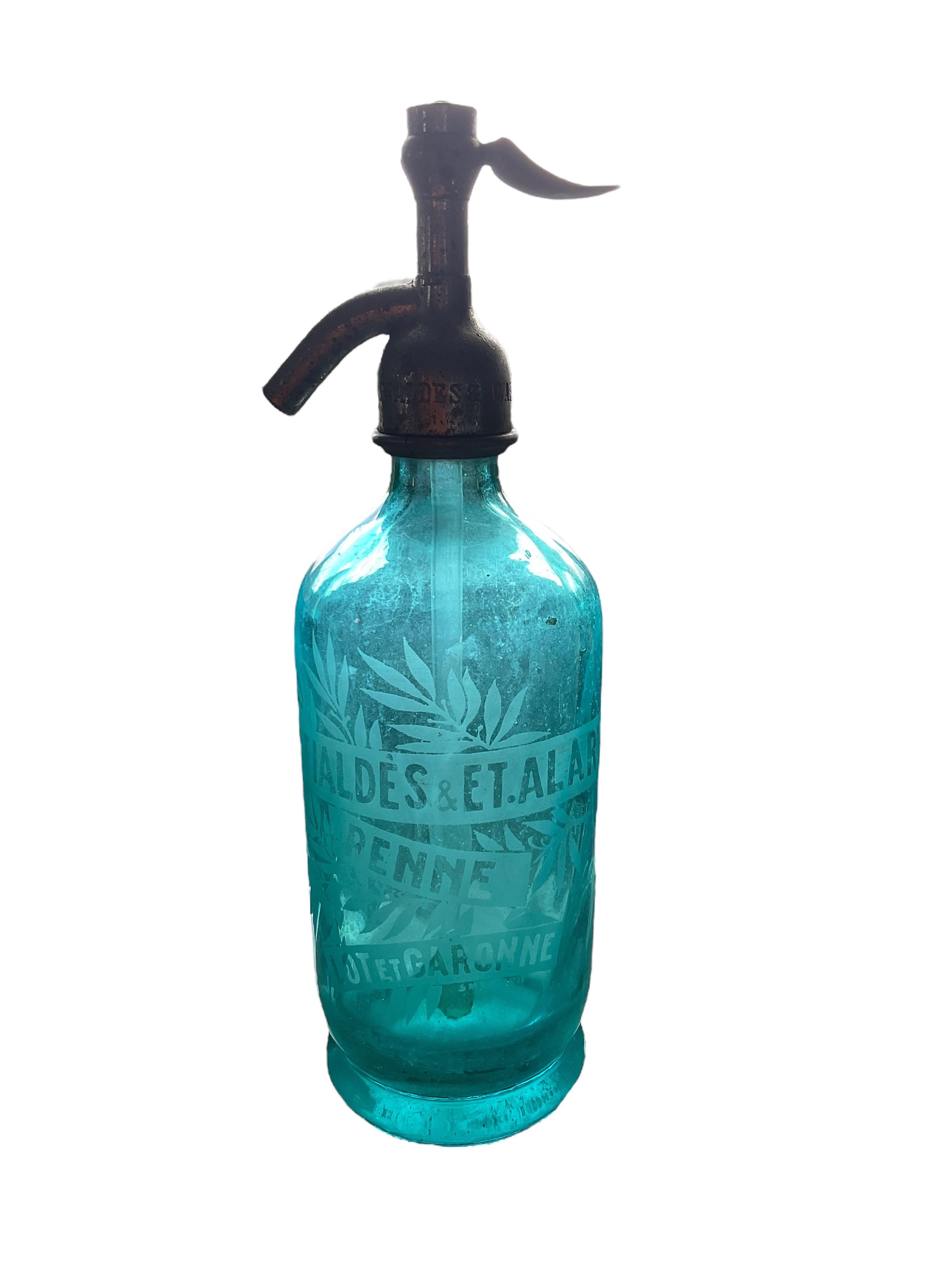 Art Deco Antique French Aqua Blue J. Fialdes and ET Alary Soda Bottle