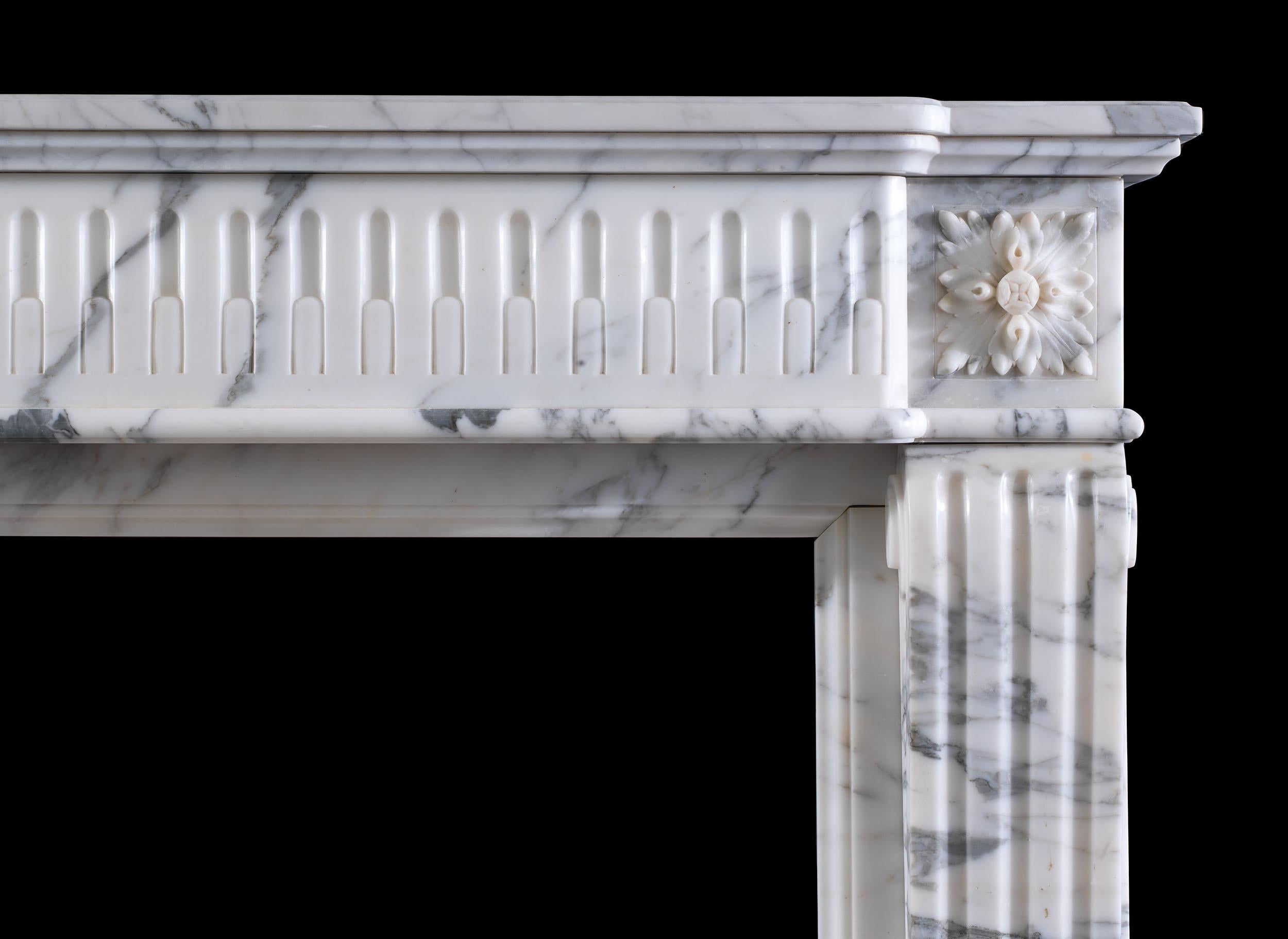 Hand-Carved Antique French Arabescato Marble Louis XVI Fireplace