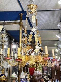 Antique French Arabesque/Oriental Gilt Bronze Ruby Red Glass Chandelier
