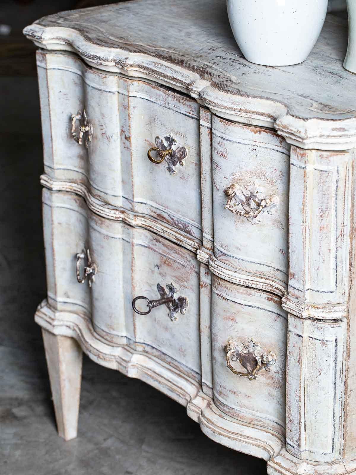 French Provincial Antique French Arbalette Front Painted Chest Two Drawers, circa 1770 For Sale