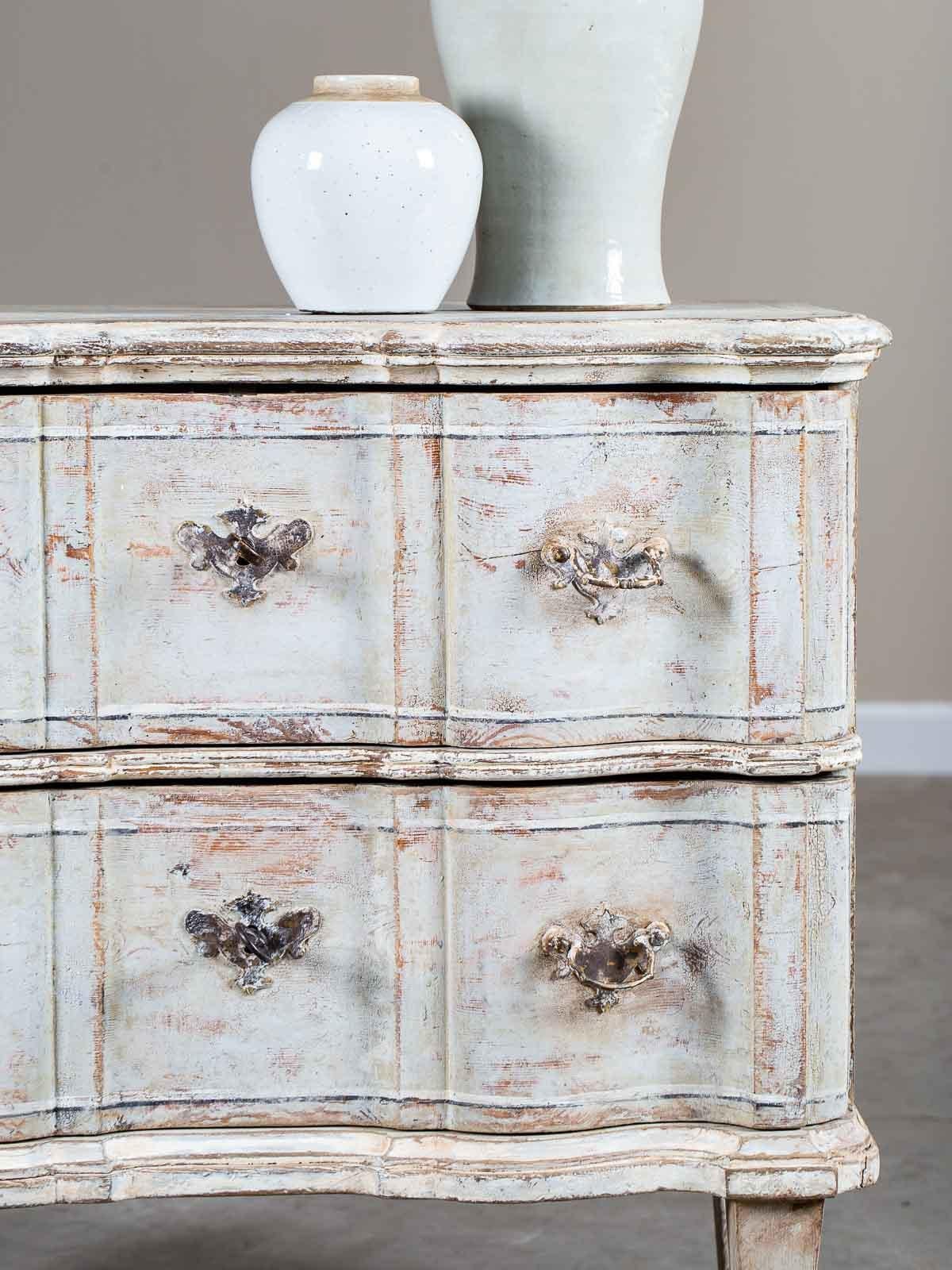 Hand-Painted Antique French Arbalette Front Painted Chest Two Drawers, circa 1770 For Sale