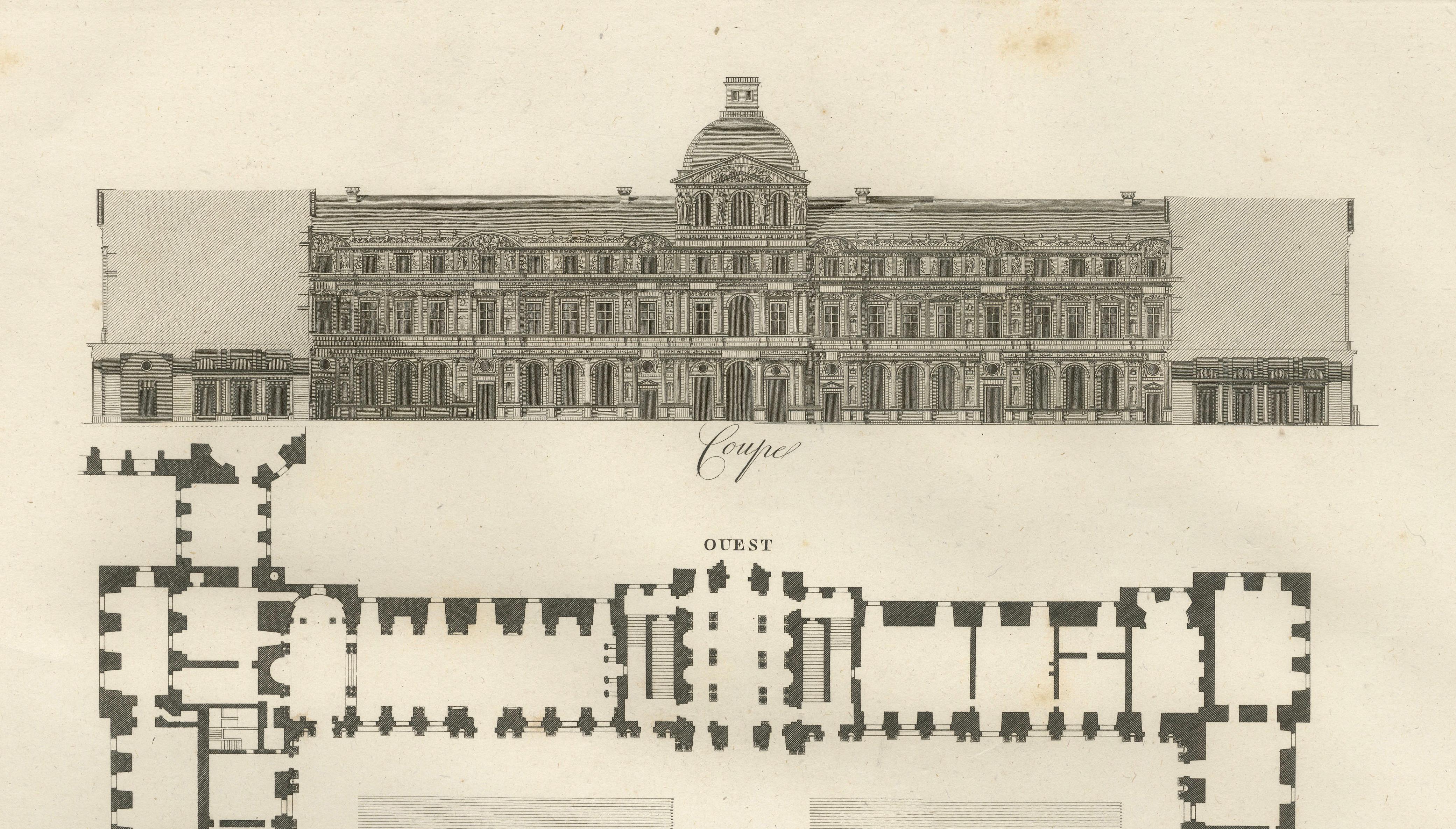 Antique French Architectural Engravings Pair, Baltard Louvre Plates, Paris 1803