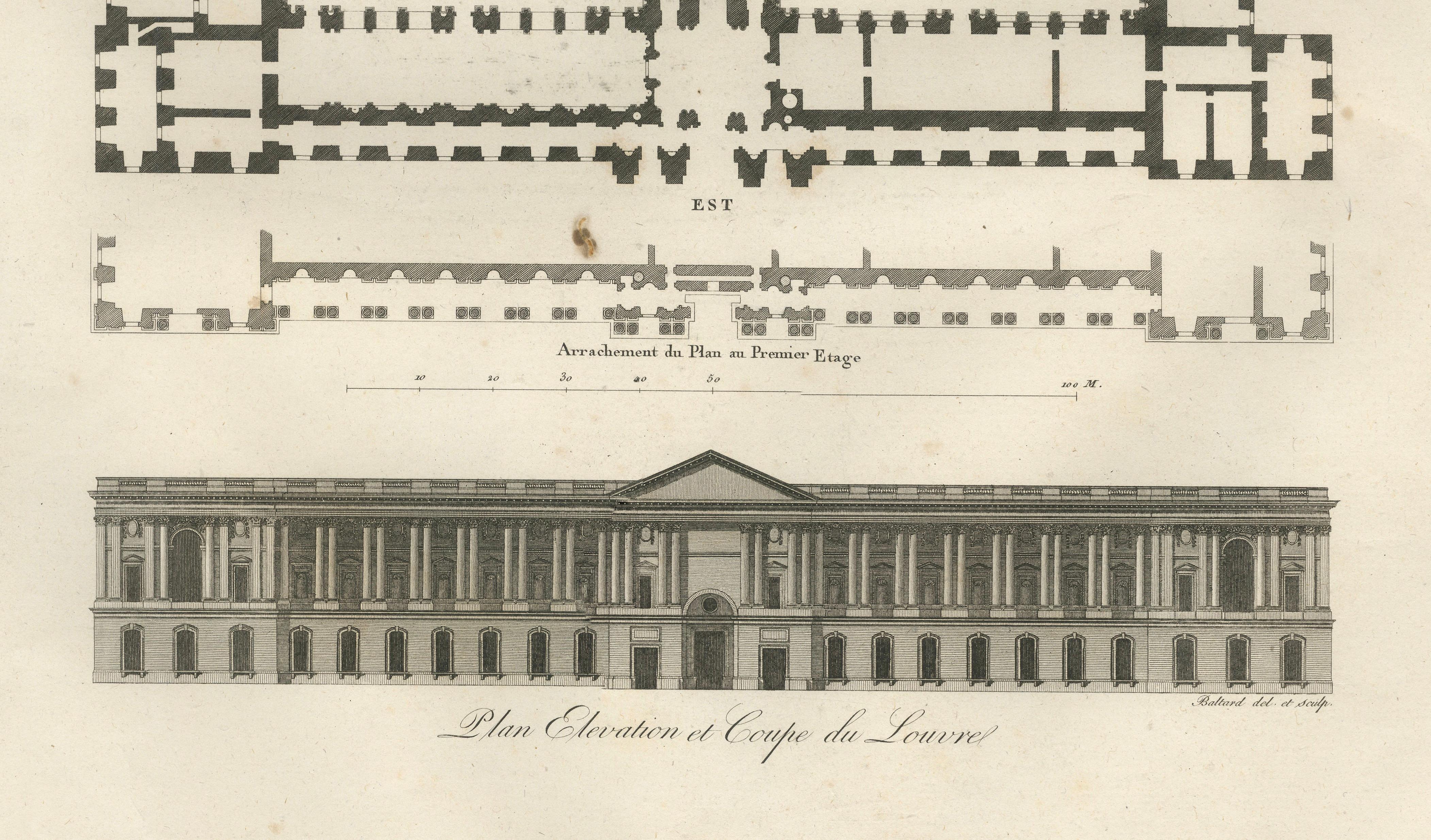 Antique French Architectural Engravings Pair, Baltard Louvre Plates, Paris 1803