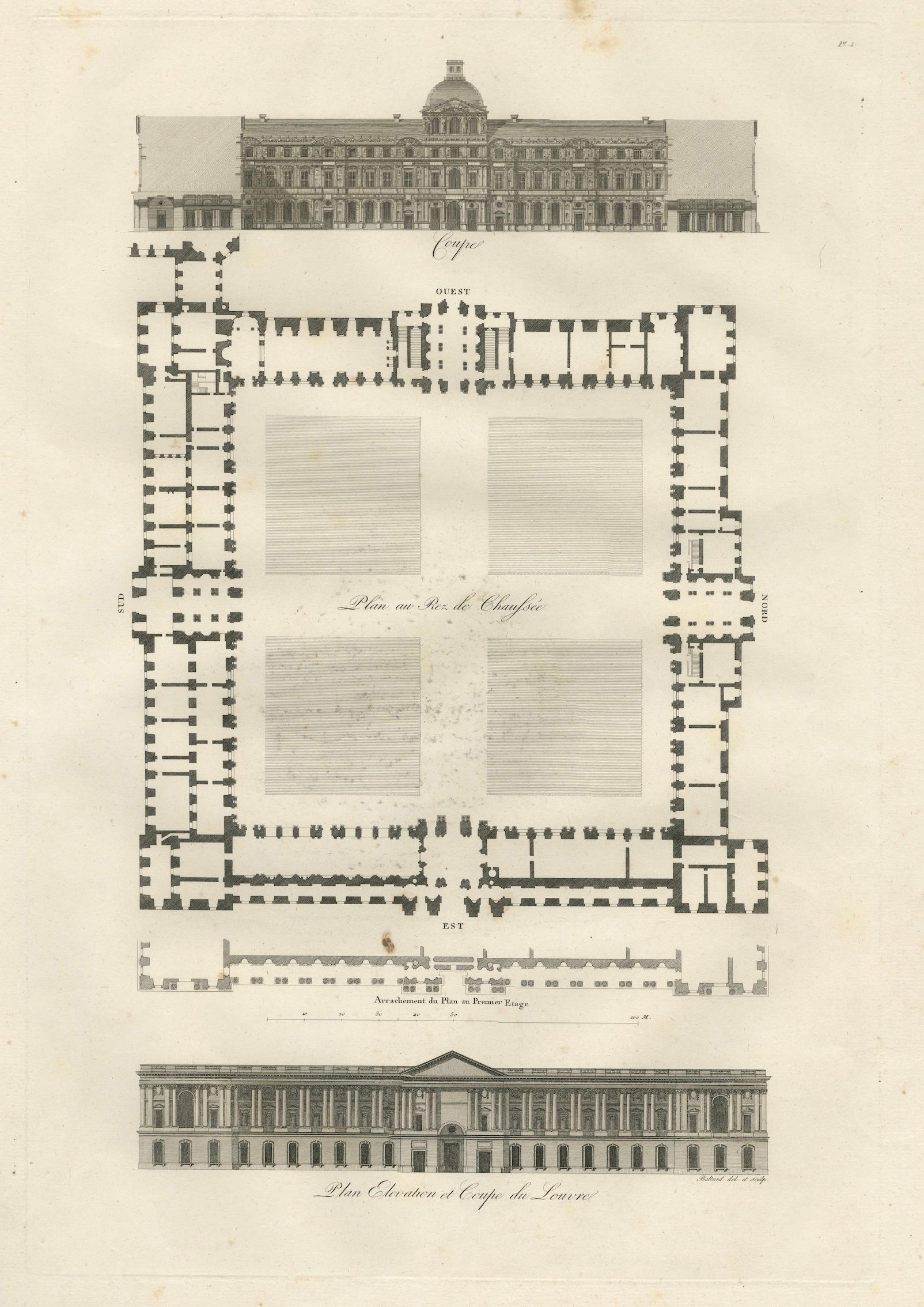 Antique French Architectural Engravings Pair, Baltard Louvre Plates, Paris 1803