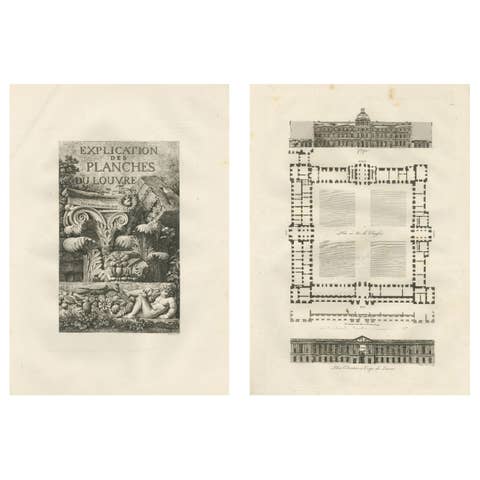Antique French Architectural Engravings Pair, Baltard Louvre Plates, Paris 1803