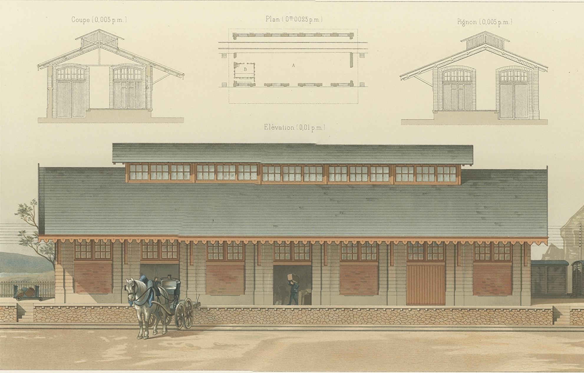 Antique French Architectural Print Halle à Marchandises by Chabat c.1900