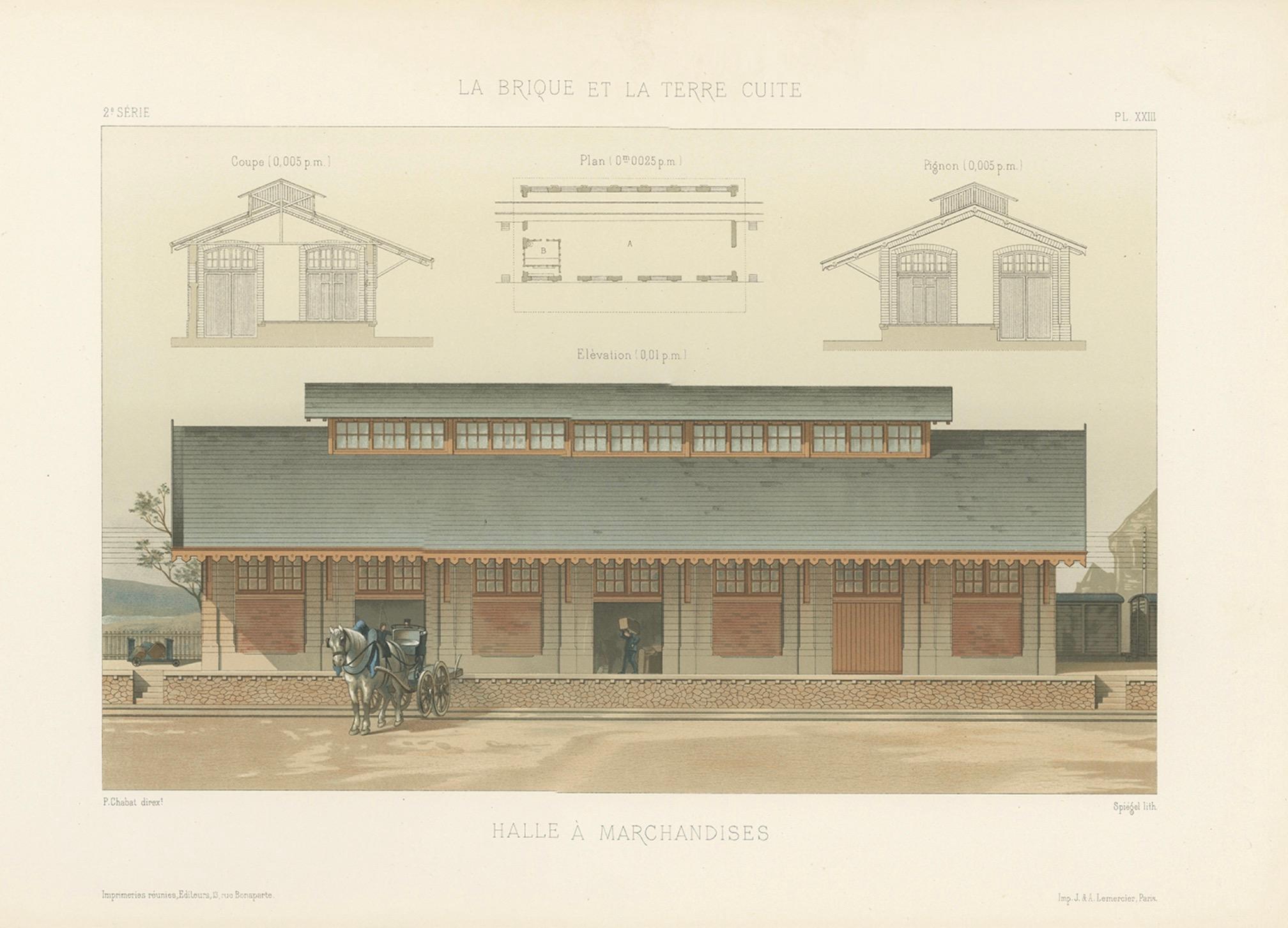 Antique French Architectural Print Halle à Marchandises by Chabat c.1900