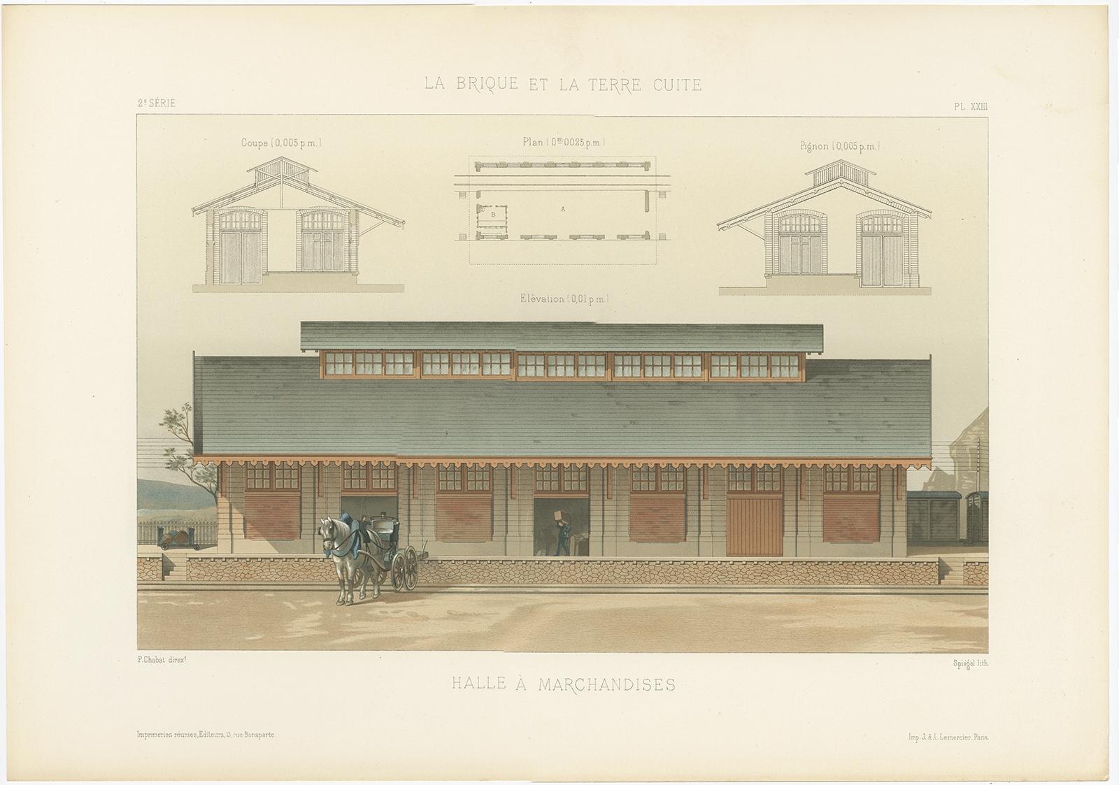 Antique French Architectural Print Halle à Marchandises by Chabat c.1900