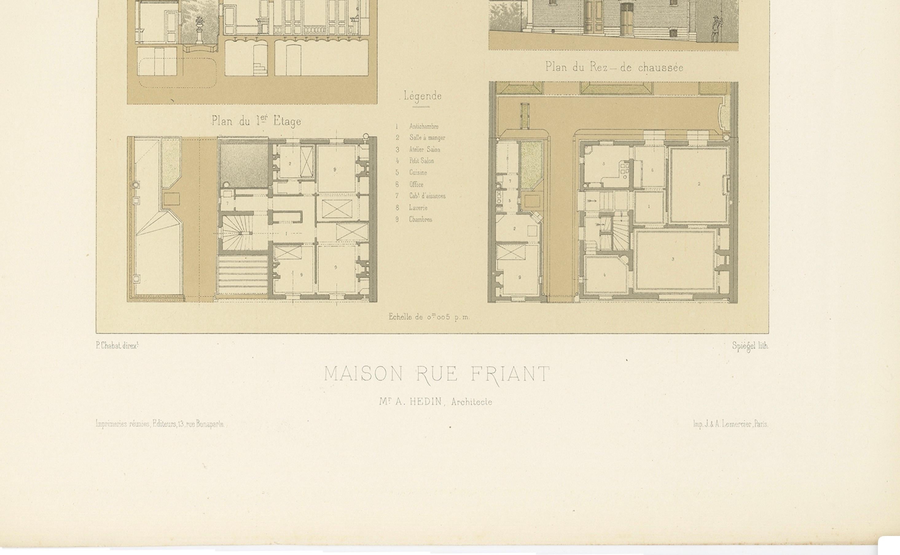 Antique French Architectural Print Maison Rue Friant by Chabat c.1900 In Good Condition For Sale In Langweer, NL