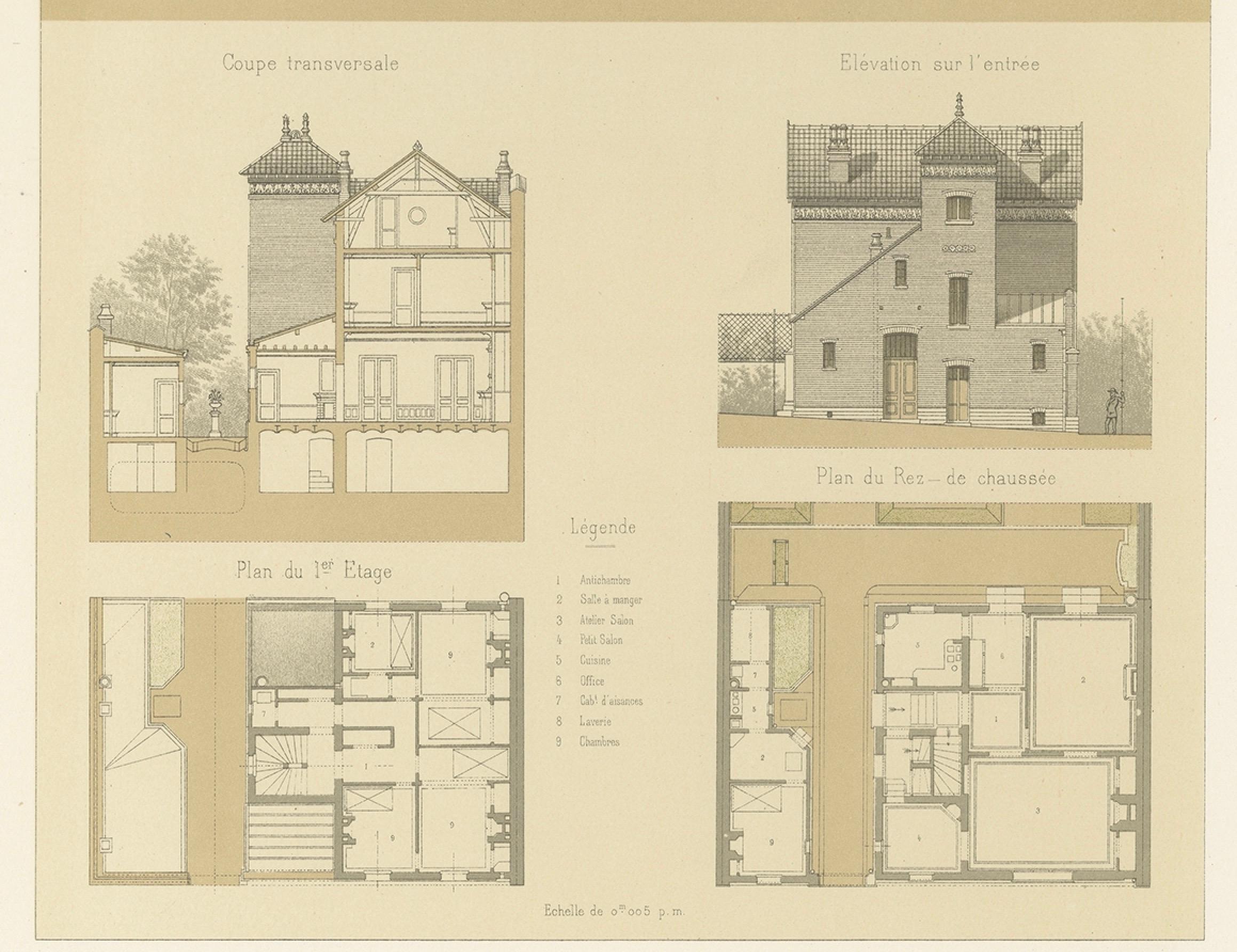 Paper Antique French Architectural Print Maison Rue Friant by Chabat c.1900 For Sale