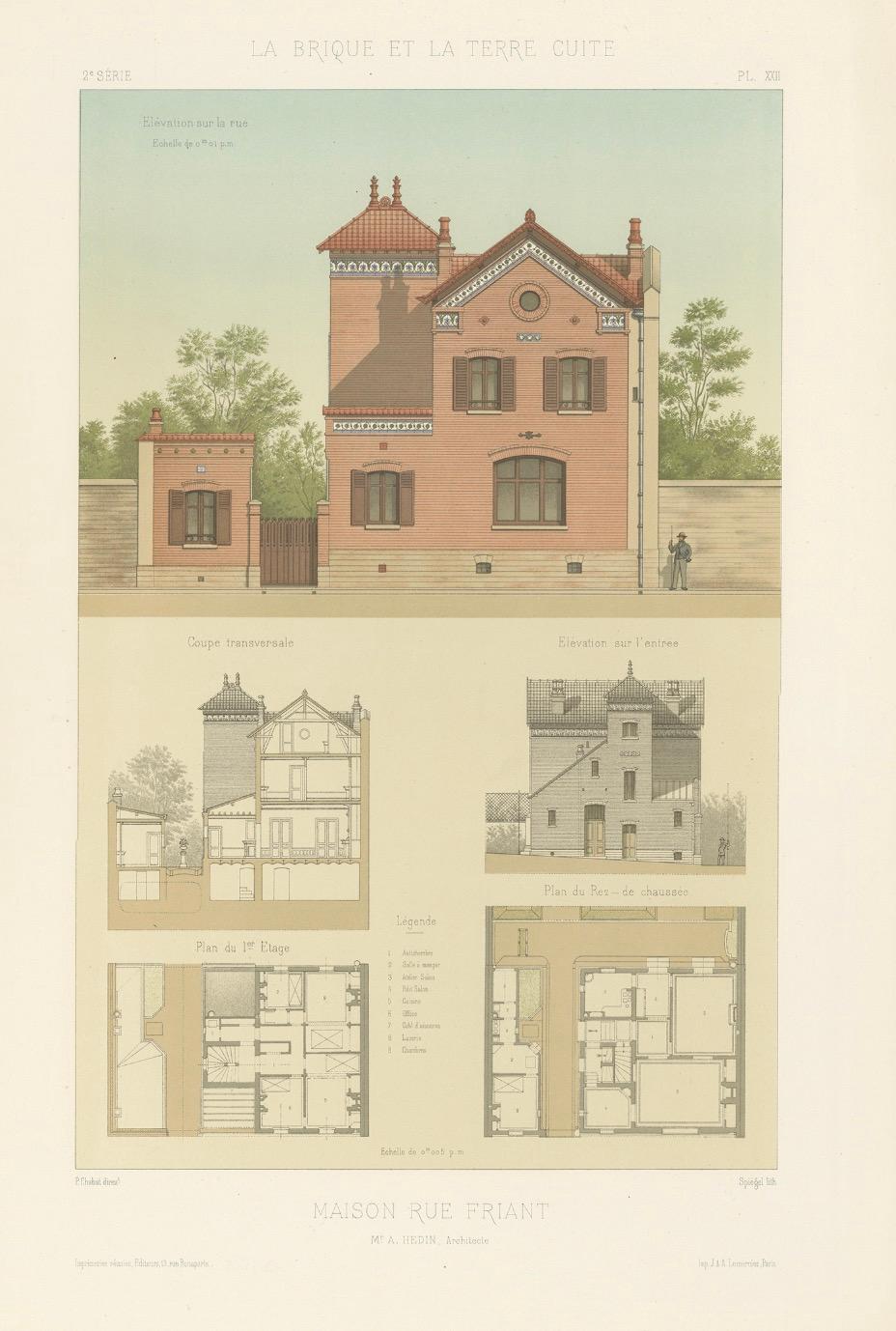 Antique French Architectural Print Maison Rue Friant by Chabat c.1900 For Sale 2