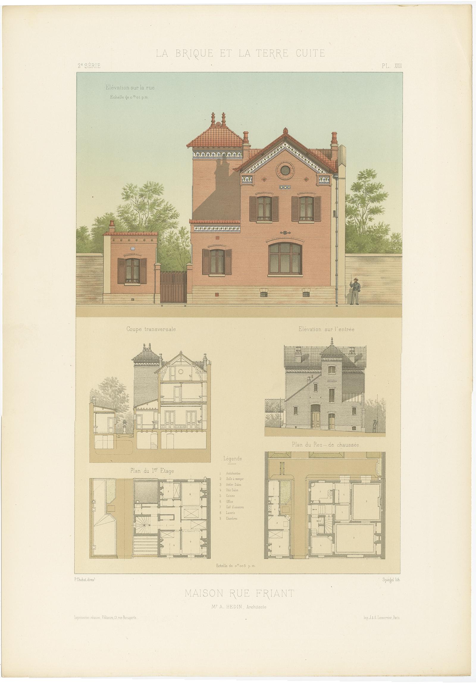 Antique French Architectural Print Maison Rue Friant by Chabat c.1900 For Sale 3
