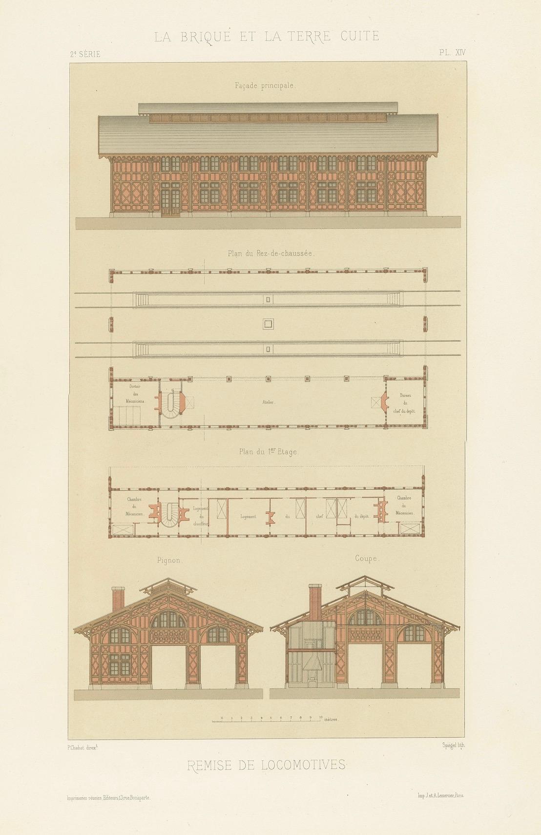 Paper Antique French Architectural Print Remise de Locomotives by Pierre Chabat c.1900 For Sale