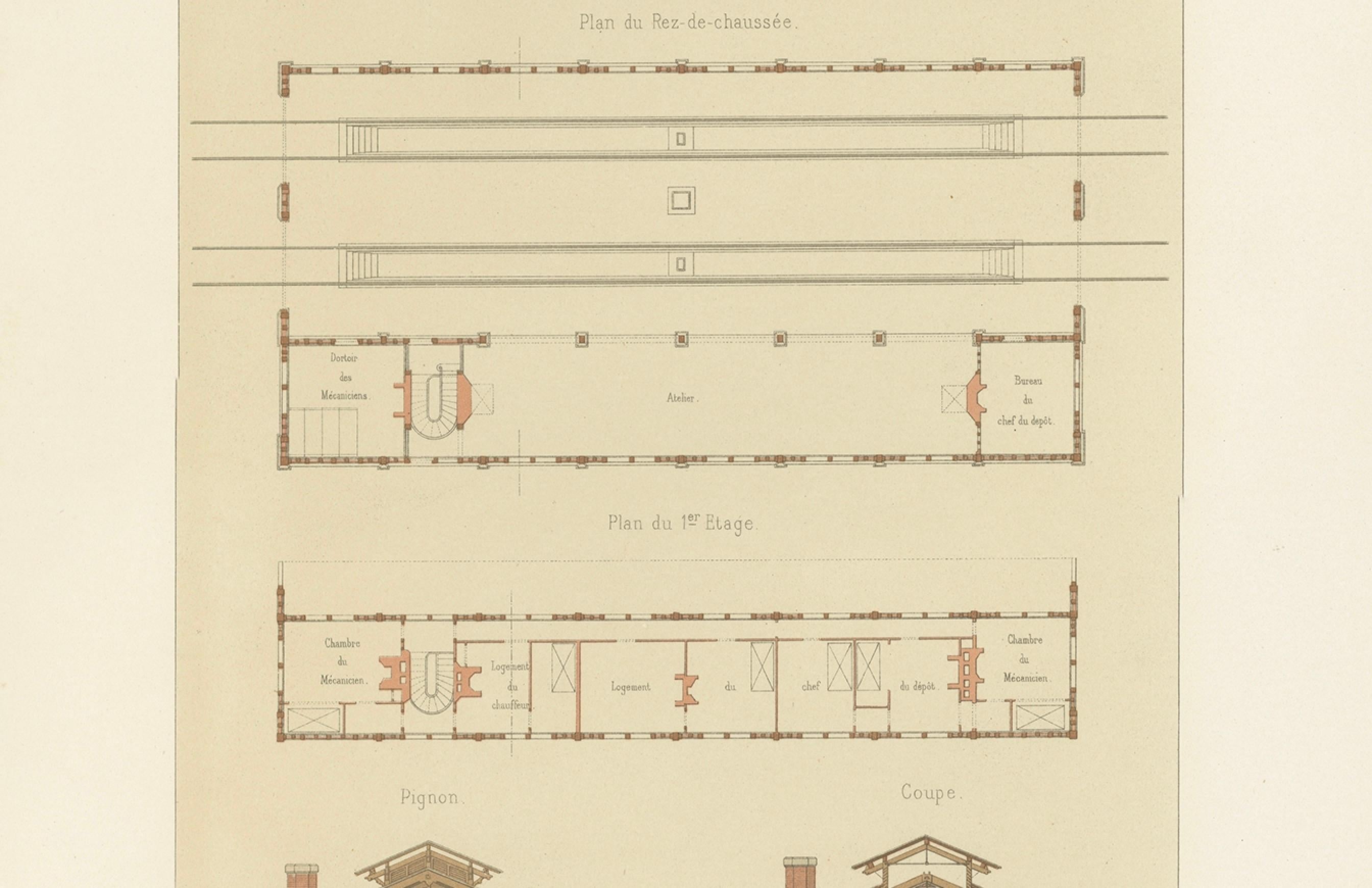 Antique French Architectural Print Remise de Locomotives by Pierre Chabat c.1900 For Sale 1