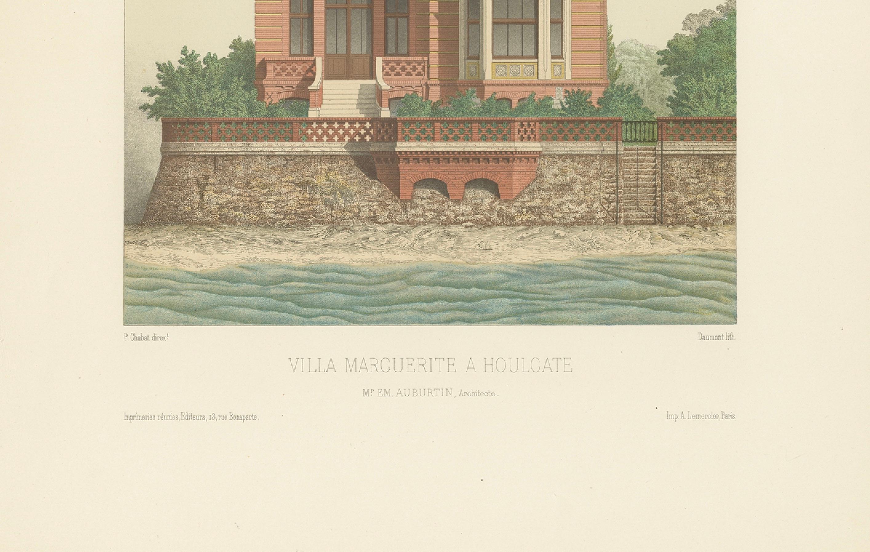 Antiker Druck mit dem Titel 'Villa Marguerite a Houlgate, Mr. E.M. Auburtin, Architecte'. Dieser Druck stellt das Design einer Villa in Frankreich dar. Stammt aus 