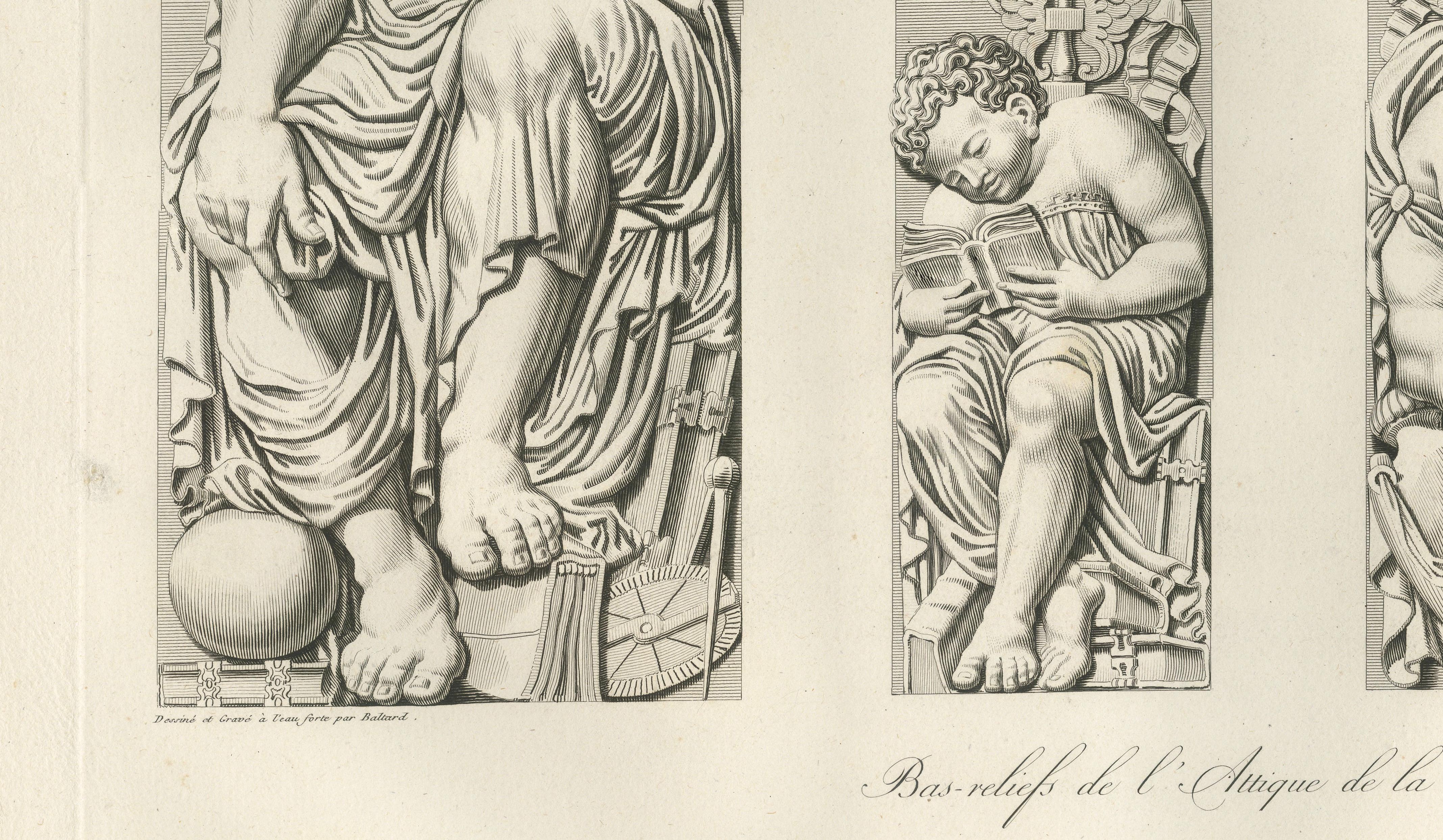 Antique French Architectural Sculpture Engravings Set of 3, Louvre Reliefs. 1803