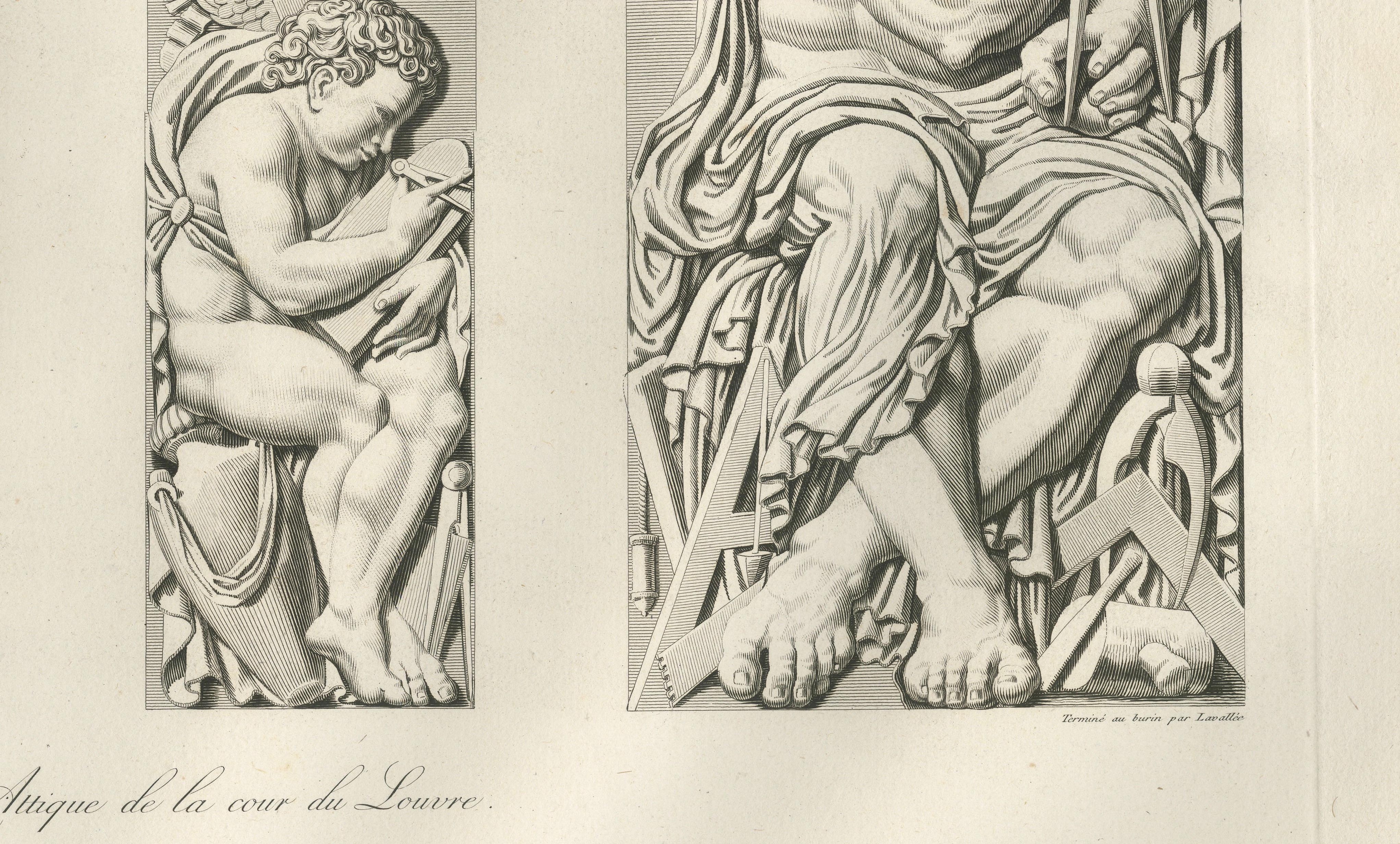 Antique French Architectural Sculpture Engravings Set of 3, Louvre Reliefs. 1803
