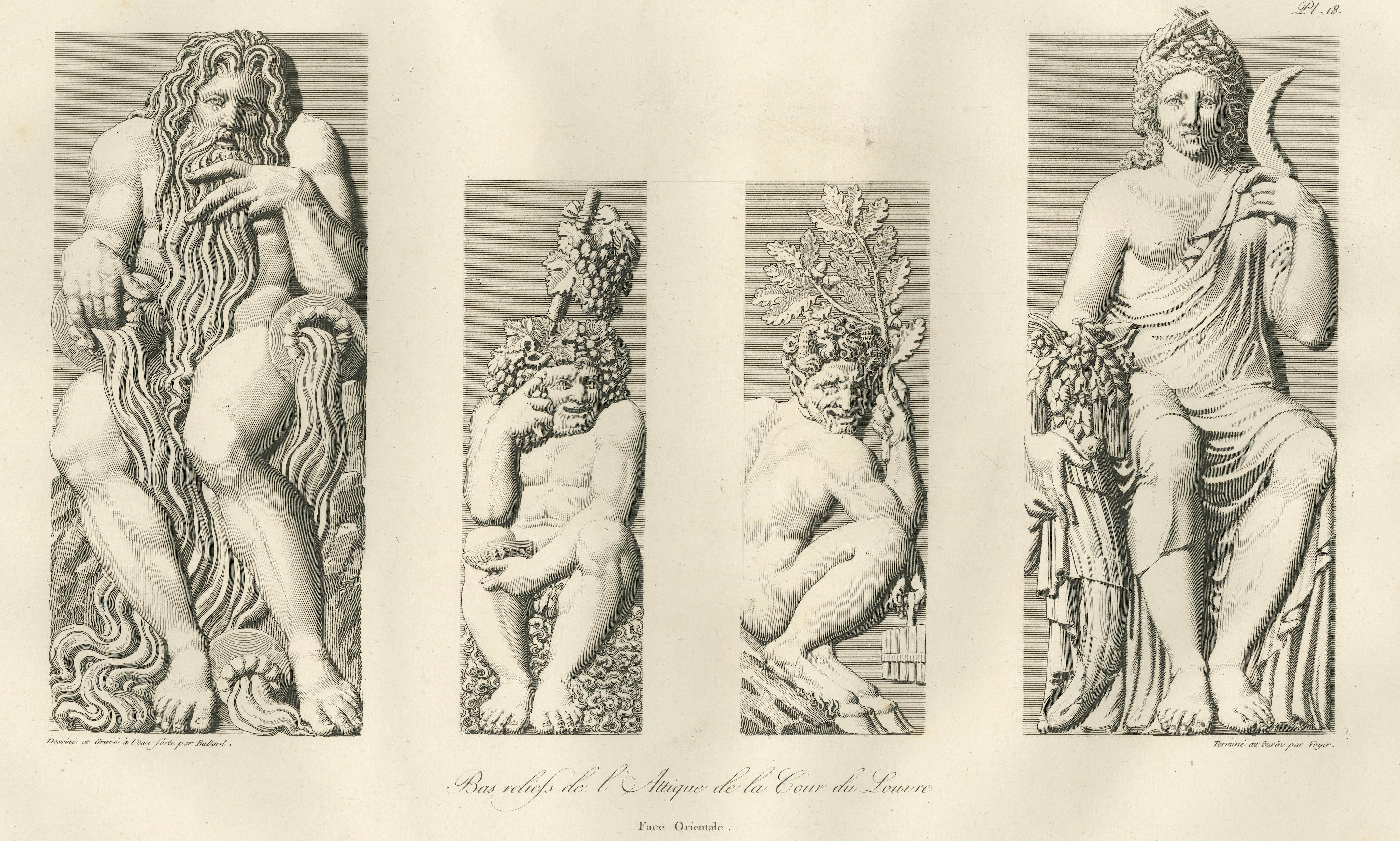 Antique French Architectural Sculpture Engravings Set of 3, Louvre Reliefs. 1803