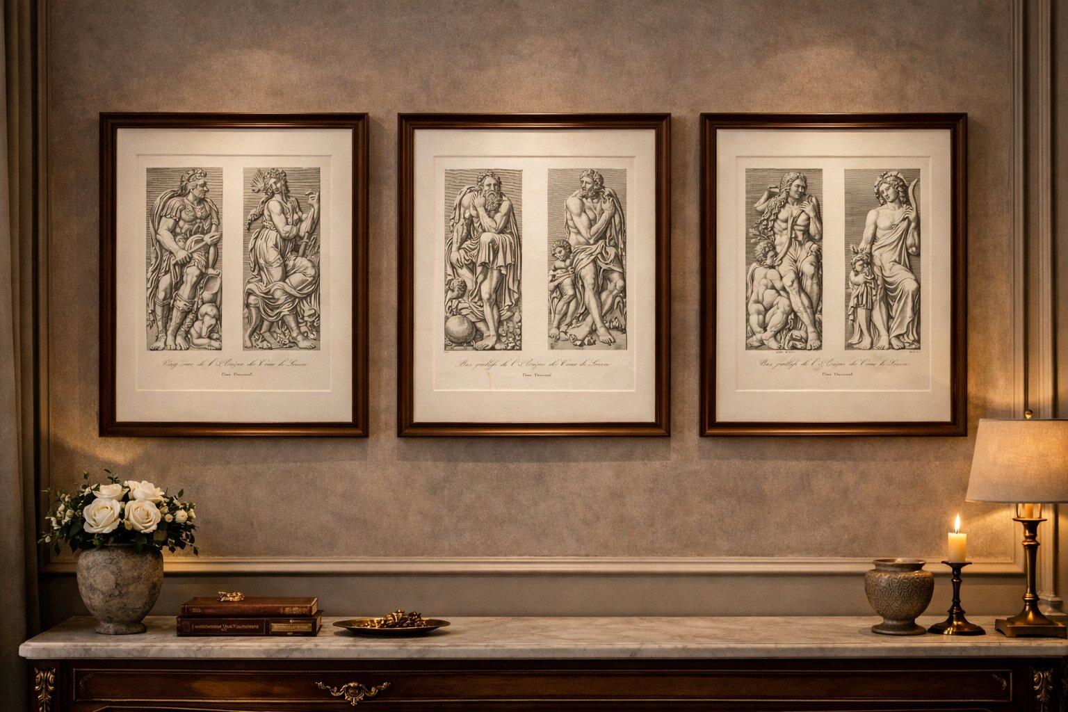 Antique French Architectural Sculpture Engravings Set of 3, Louvre Reliefs. 1803
