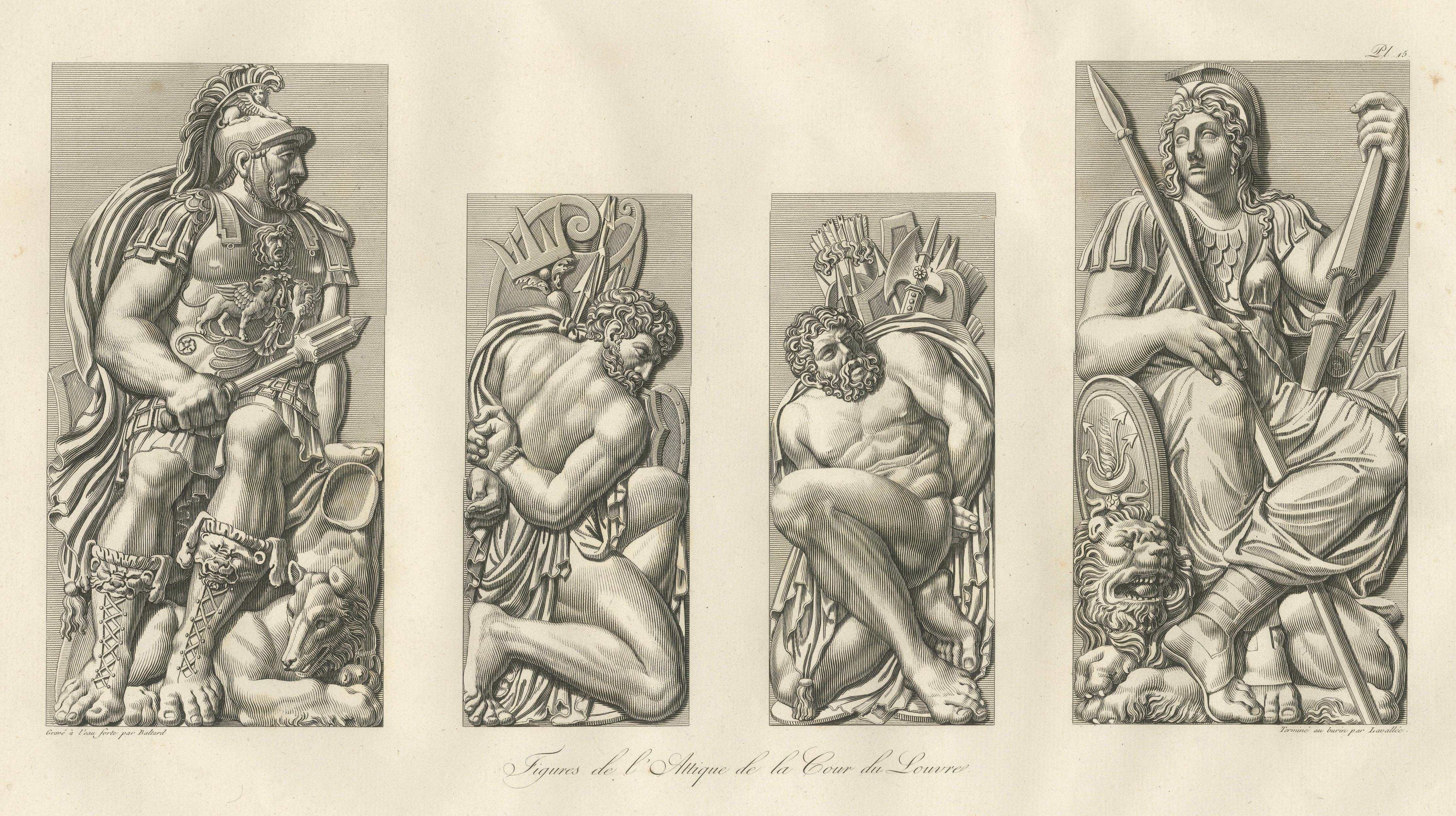 Antique French Architectural Sculpture Engravings Set of 3, Louvre Reliefs. 1803