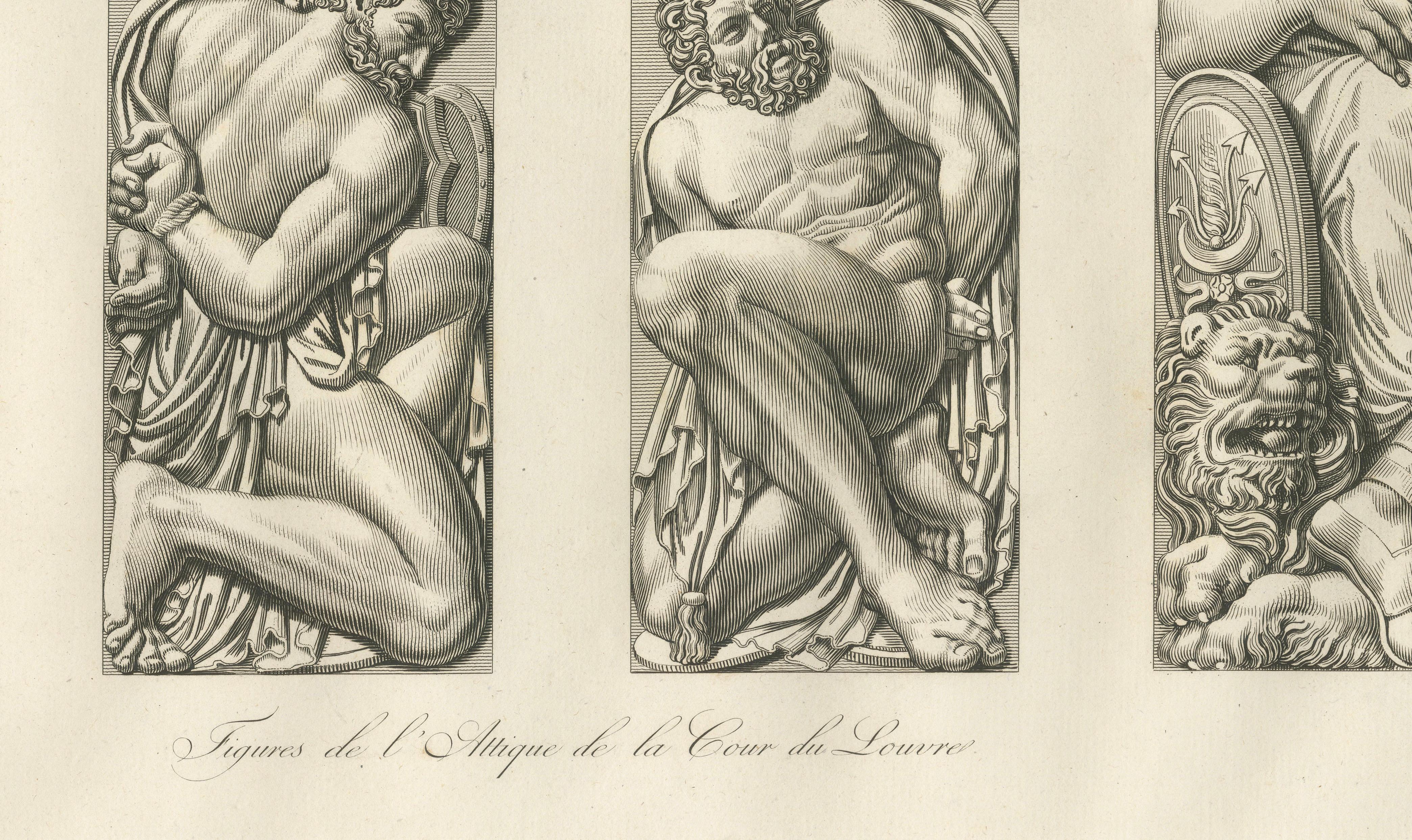 Antique French Architectural Sculpture Engravings Set of 3, Louvre Reliefs. 1803