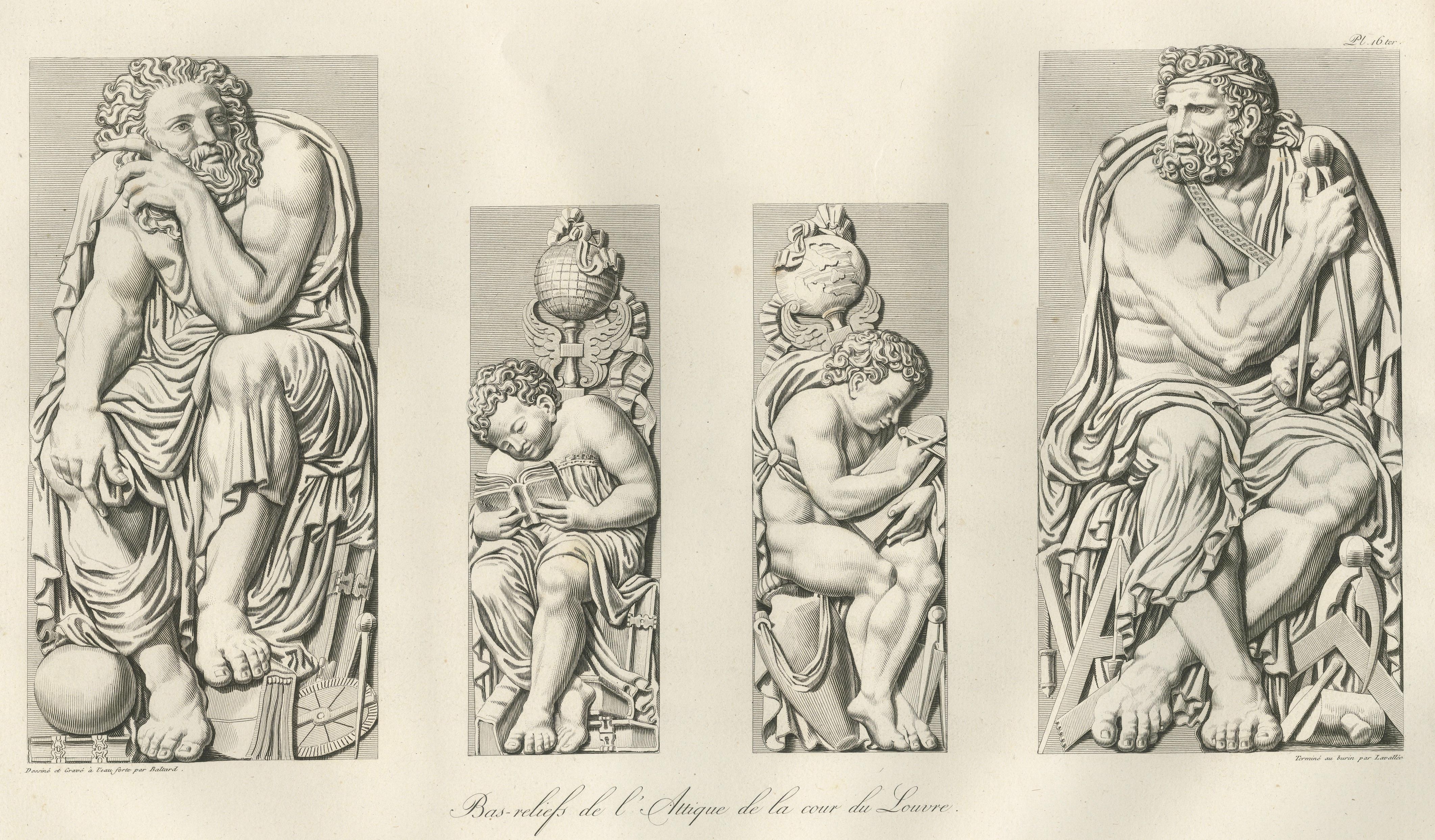 Antique French Architectural Sculpture Engravings Set of 3, Louvre Reliefs. 1803
